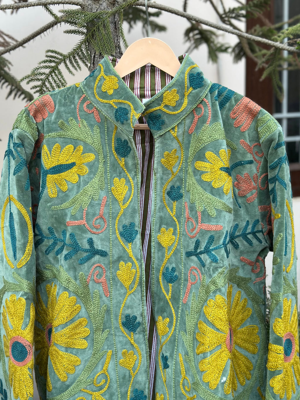 Sage Green Floral Embroidered Velvet Jacket