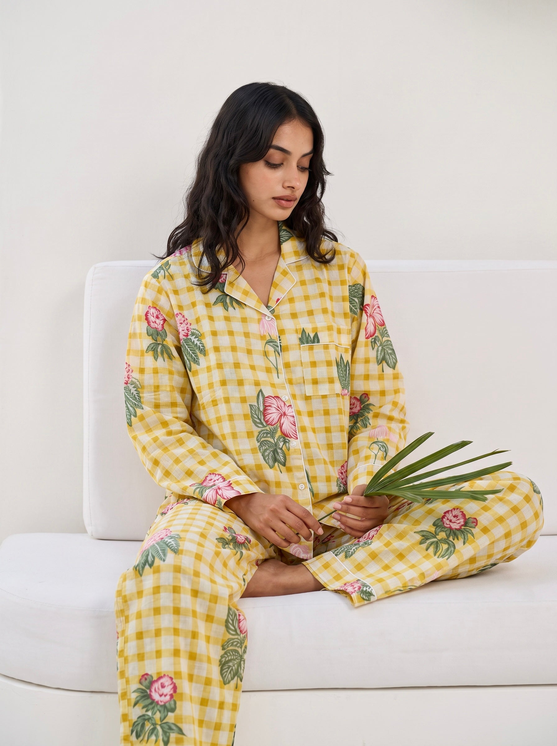 Yellow Floral Gingham Pajama Set