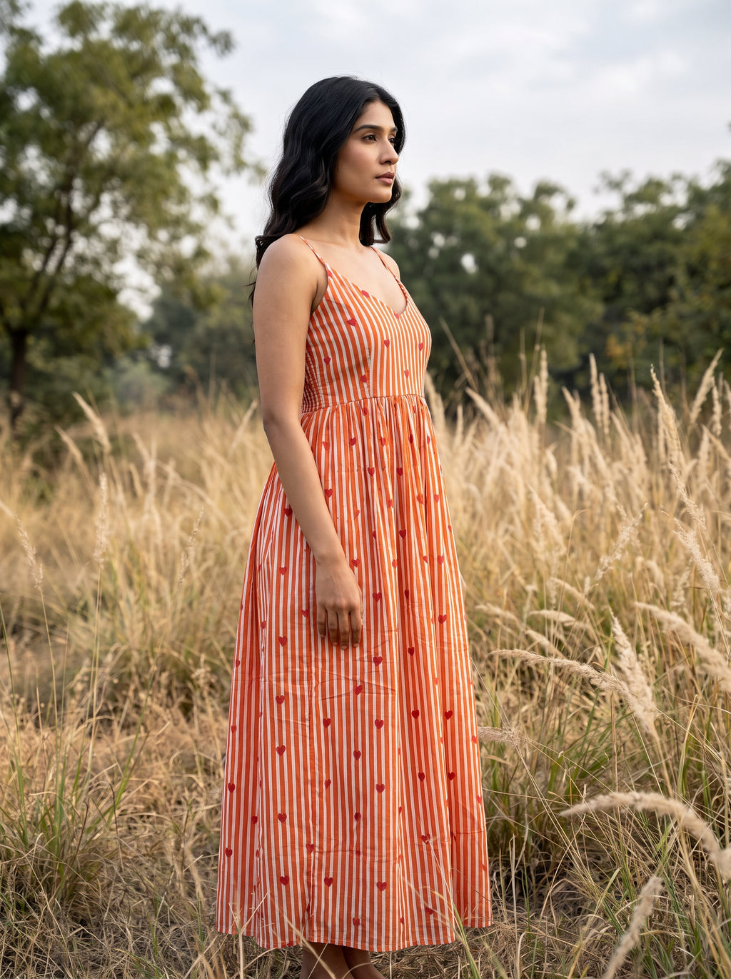 Orange Heart Stripe Maxi Dress