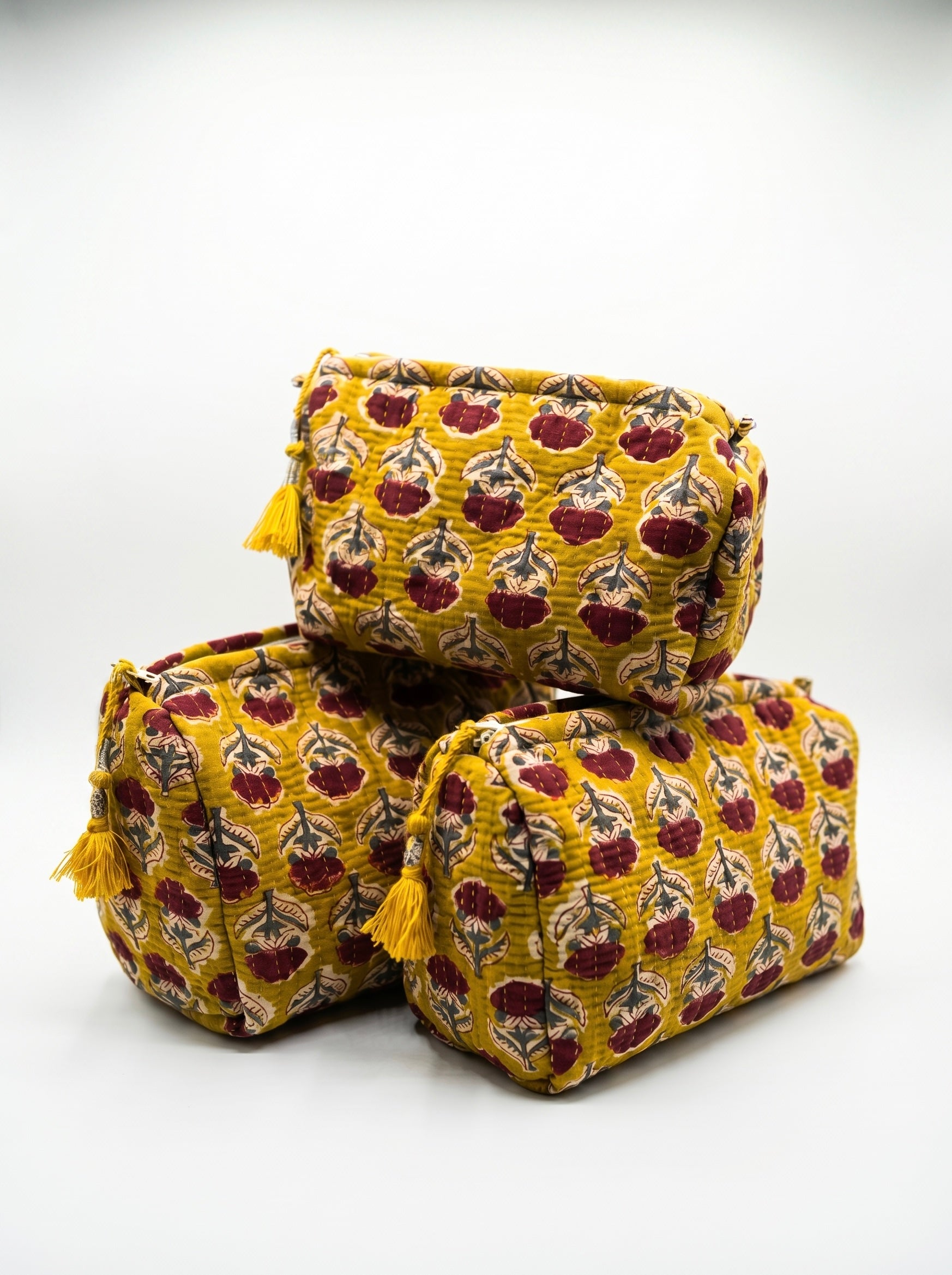 Mustard Bloom Quilted Pouch Set (Set of 3)