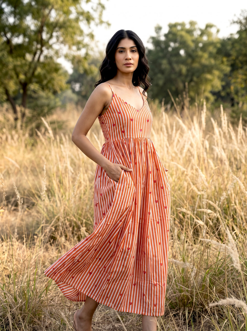 Orange Heart Stripe Maxi Dress