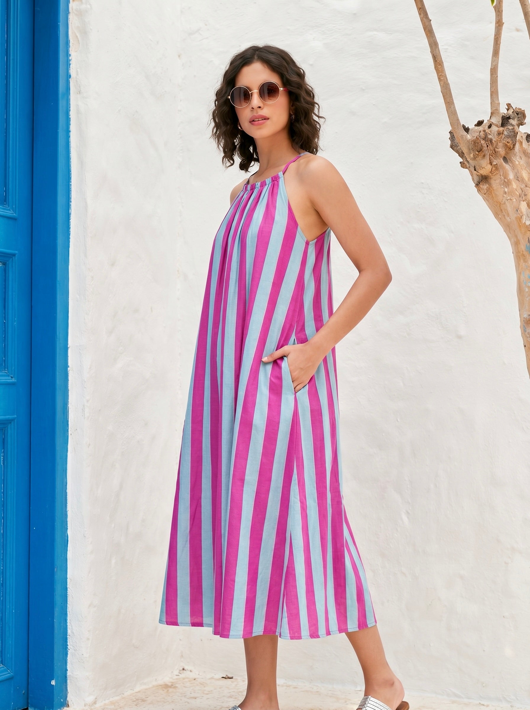Candy Stripe Cotton Halter Maxi Dress