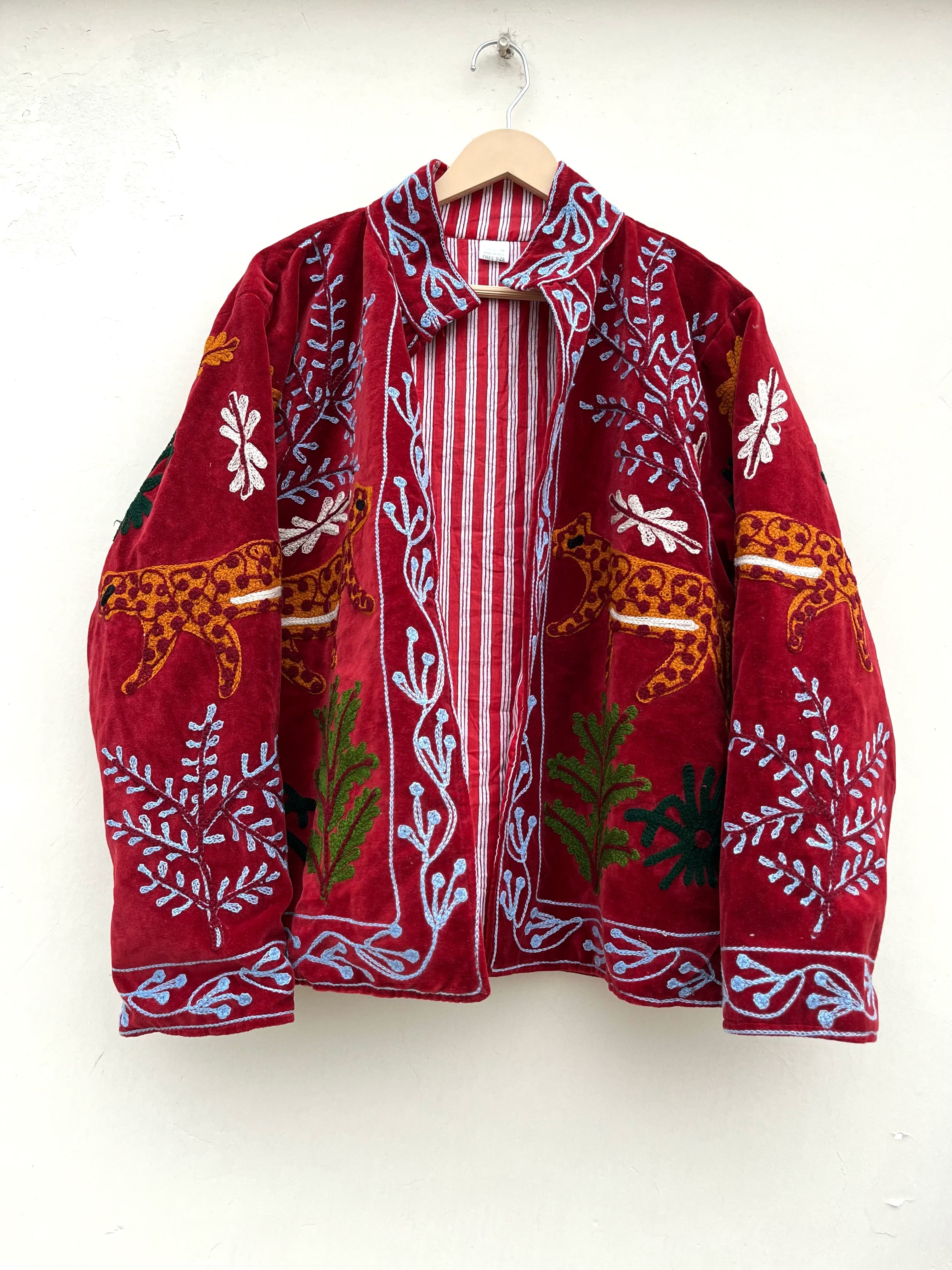 Burgundy Leopard Embroidered Velvet Jacket