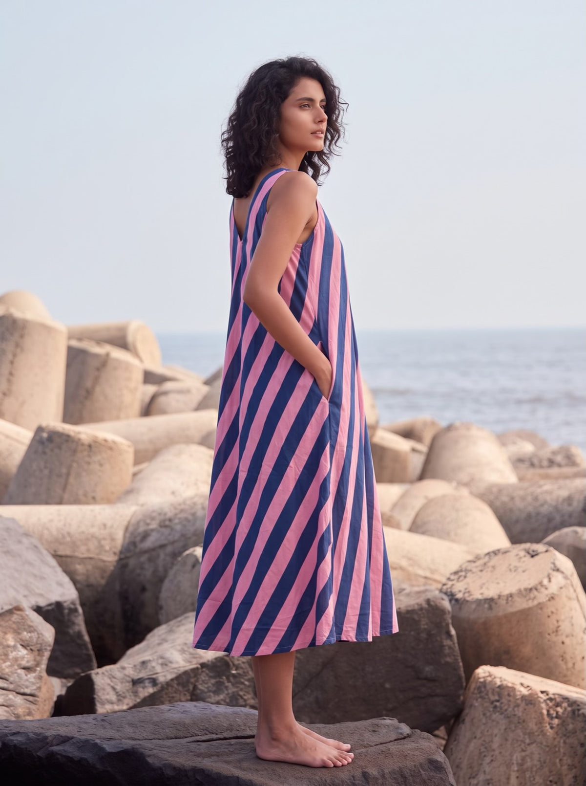 Navy & Pink Stripe Flare Dress