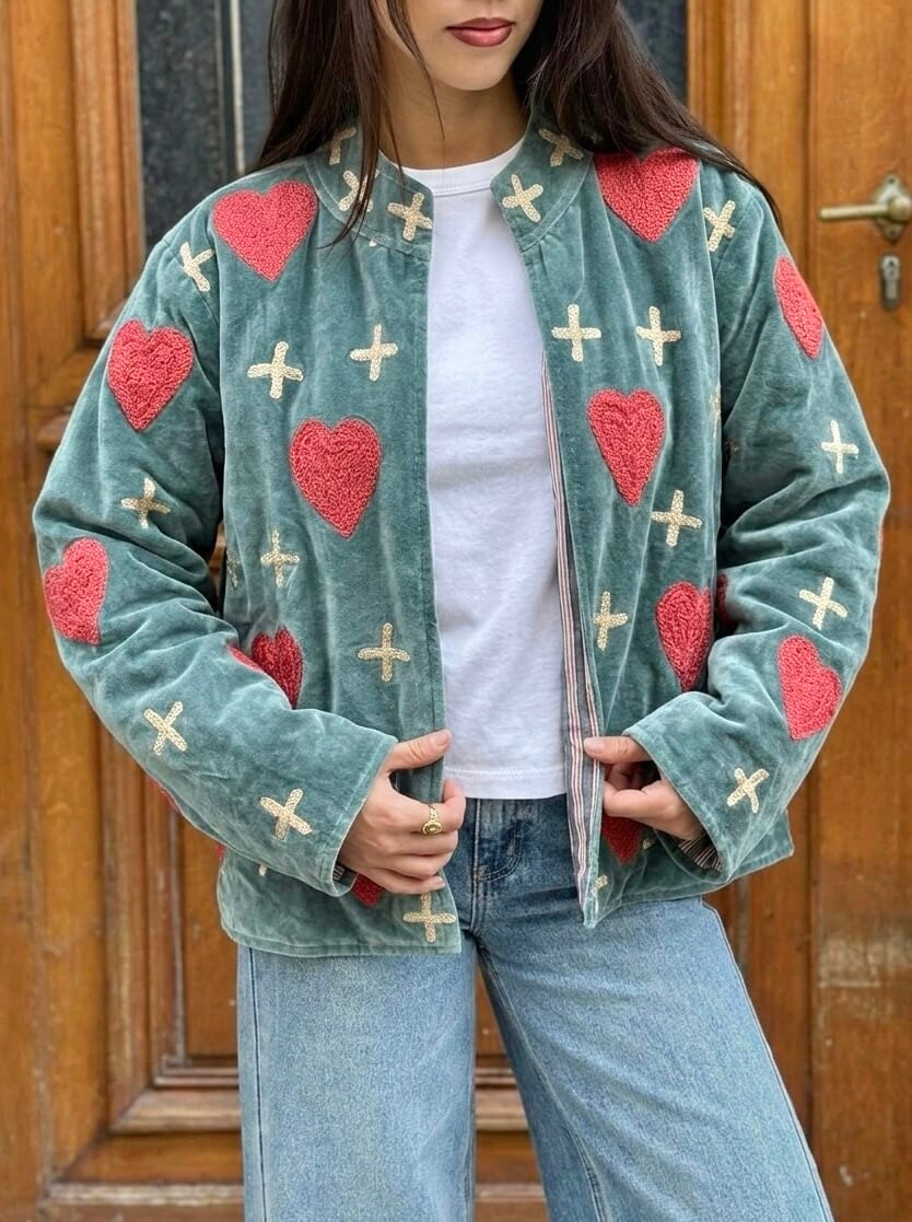 Sage Green Velvet Heart Embroided Jacket