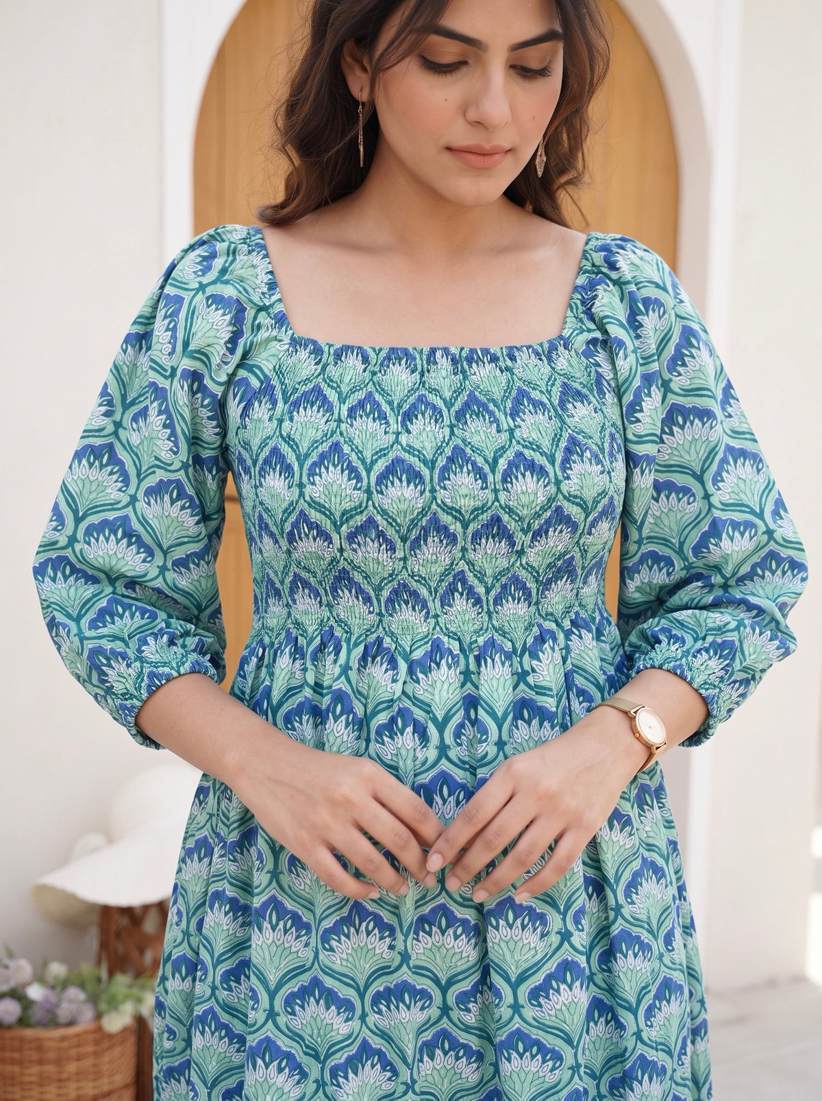 Teal Lotus Smocked Midi Dress