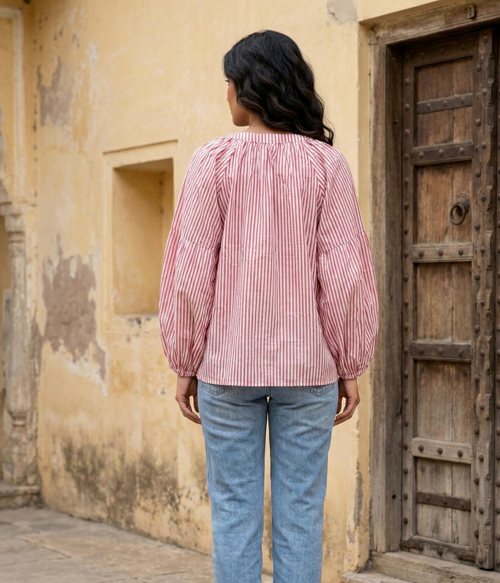 Pink Striped Cotton Top with Balloon Sleeves