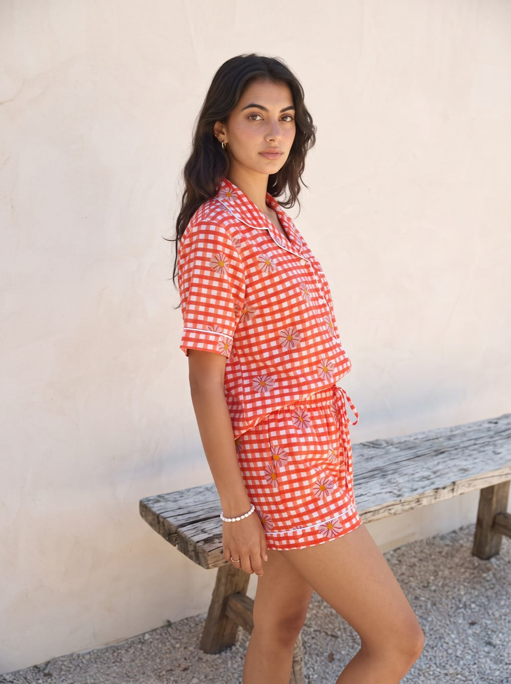 Coral Gingham Daisy Pajama Set