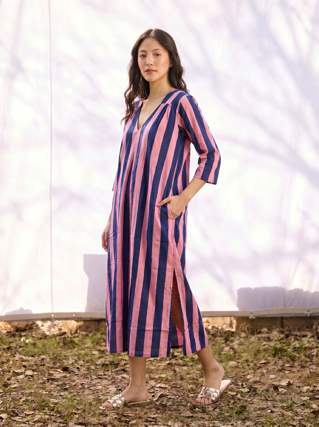 Pink & Navy Stripe Cotton kurta Dress