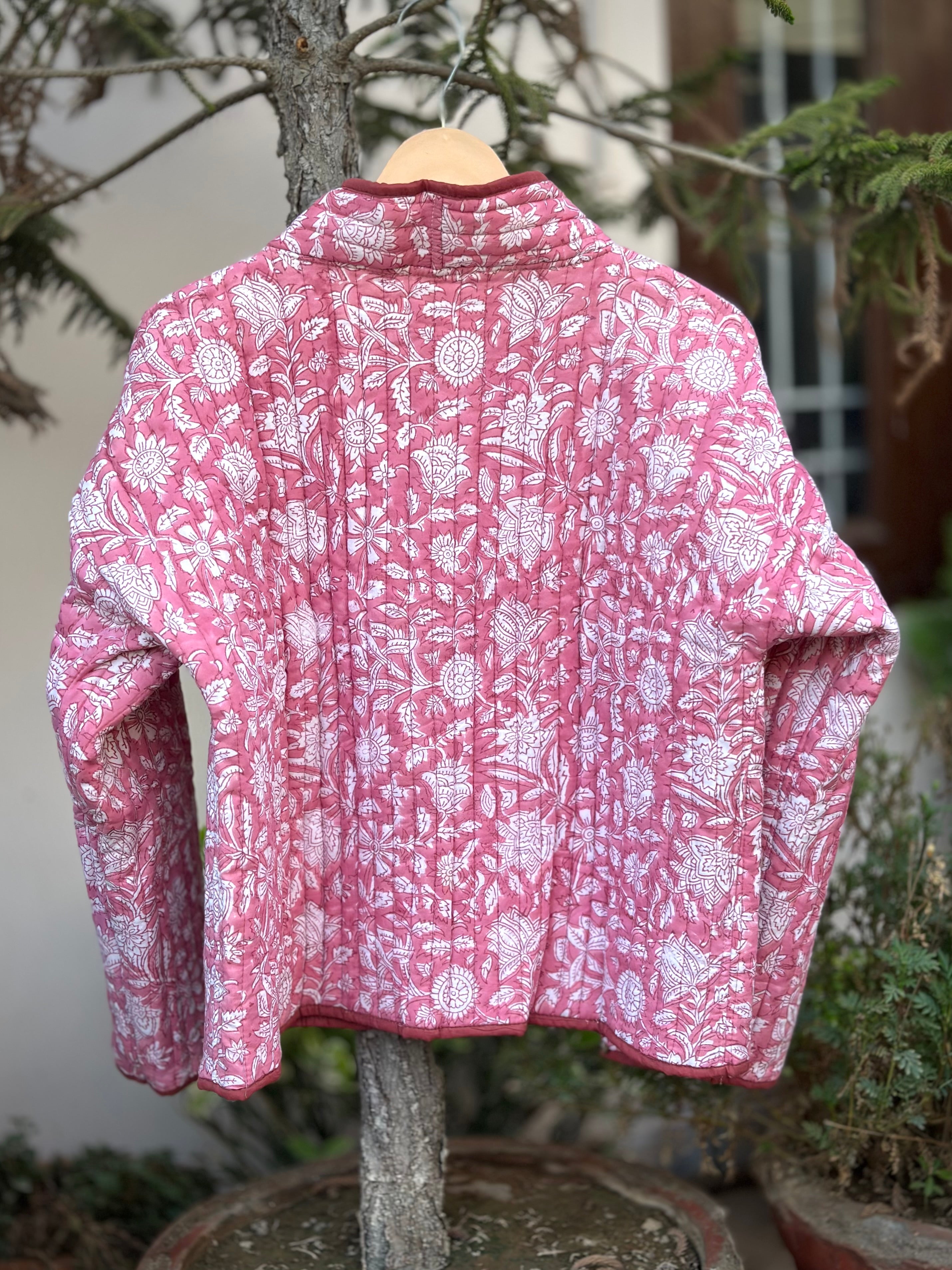 Rosé Bloom Handblock Quilted Cotton Jacket