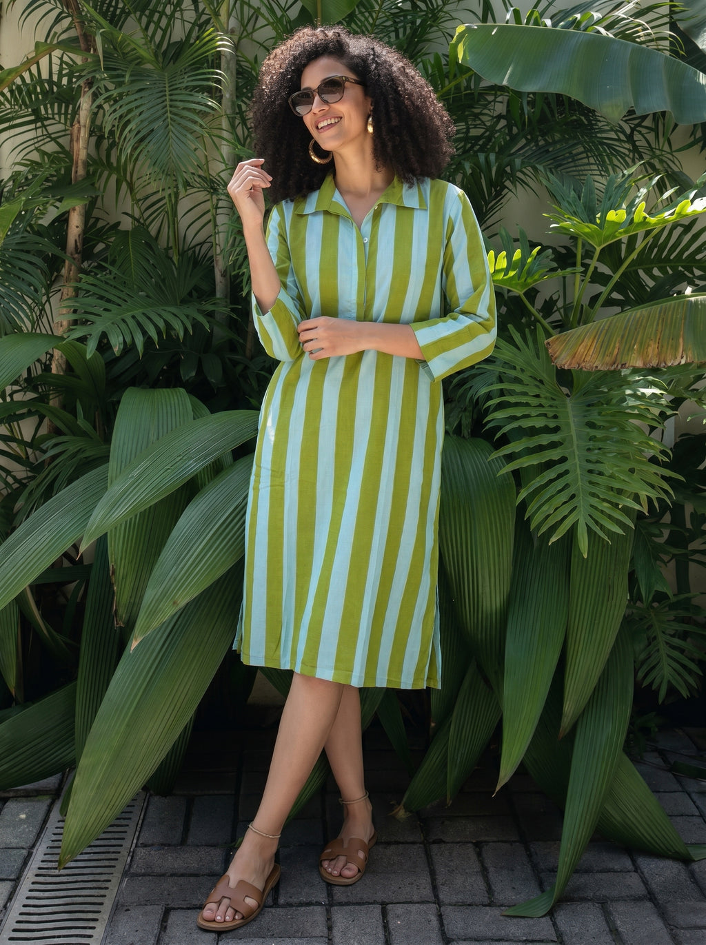 Lime Green & Sky Blue Striped Cotton Shirt Dress