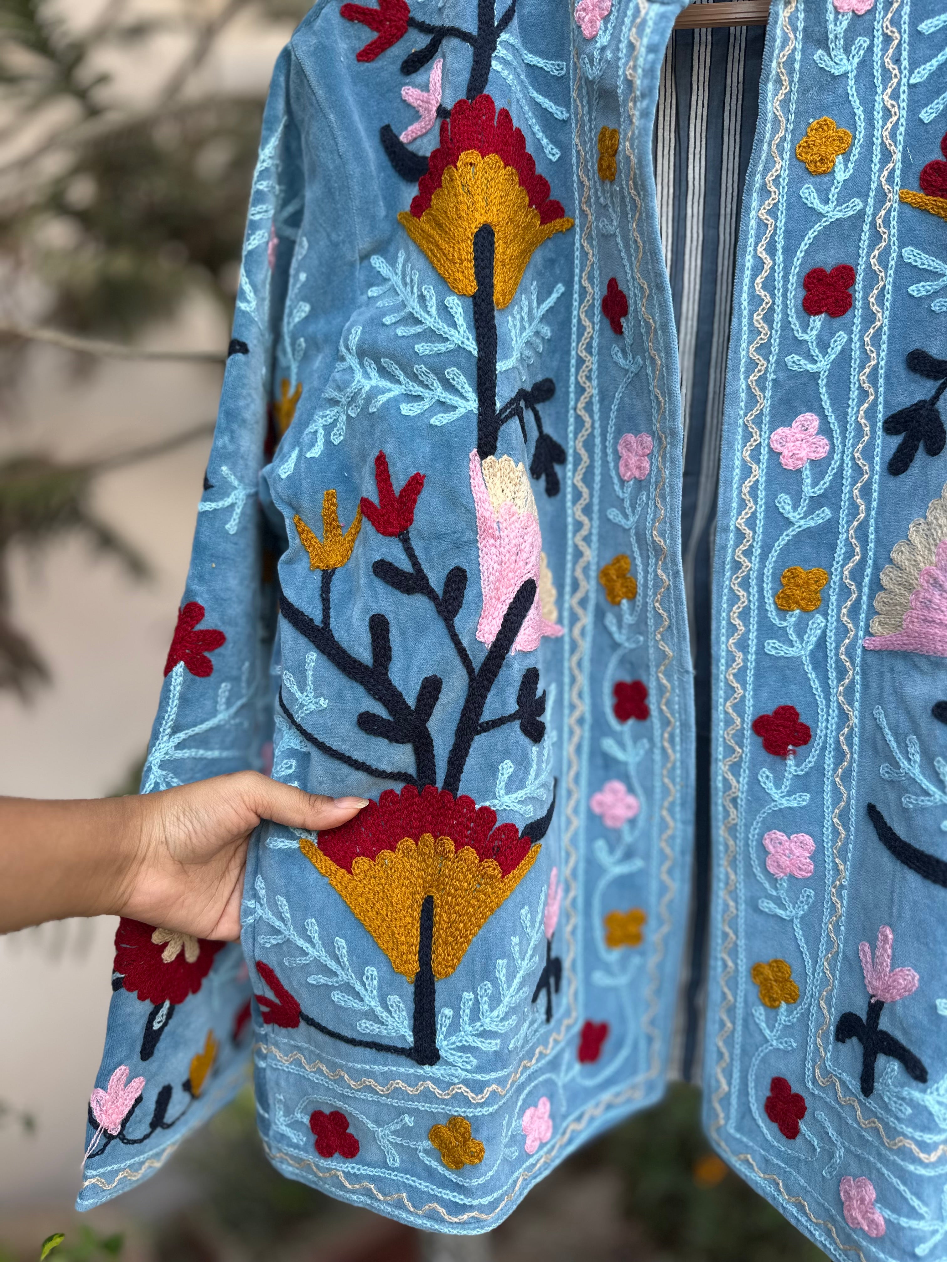 Sky Bloom Embroidered Velvet Jacket