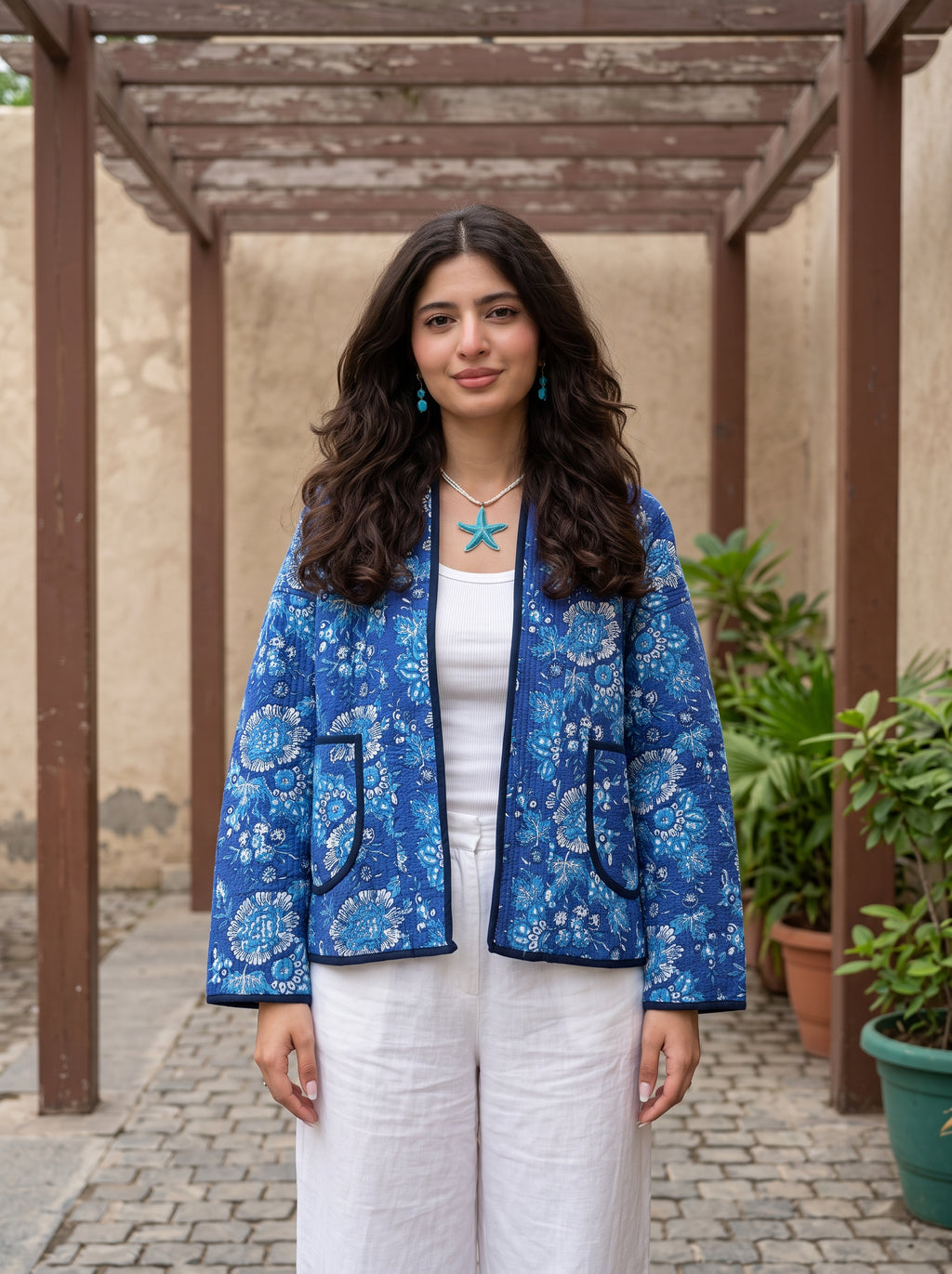 Azure Garden Handblock Quilted Jacket