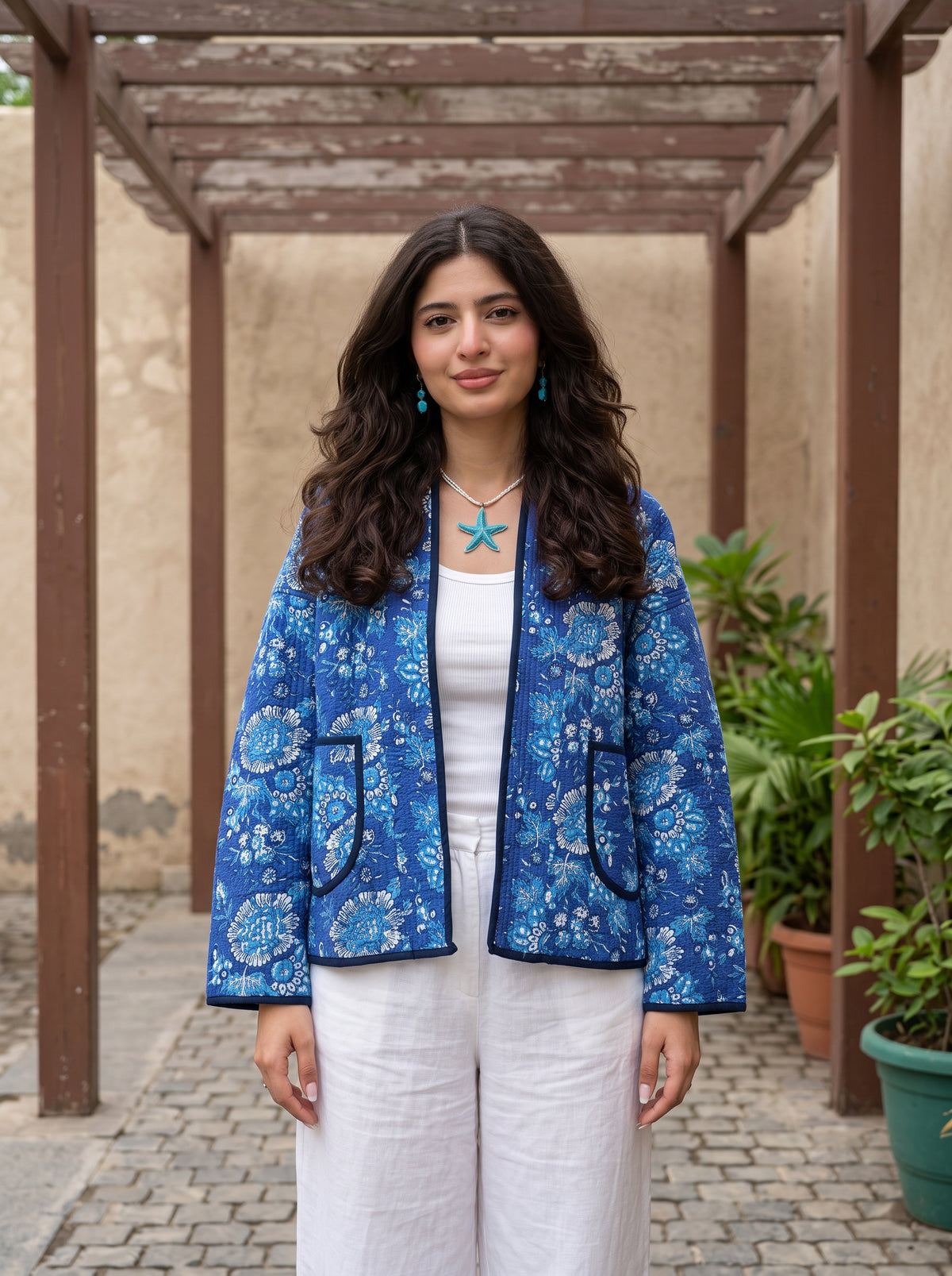 Azure Garden Handblock Quilted Jacket