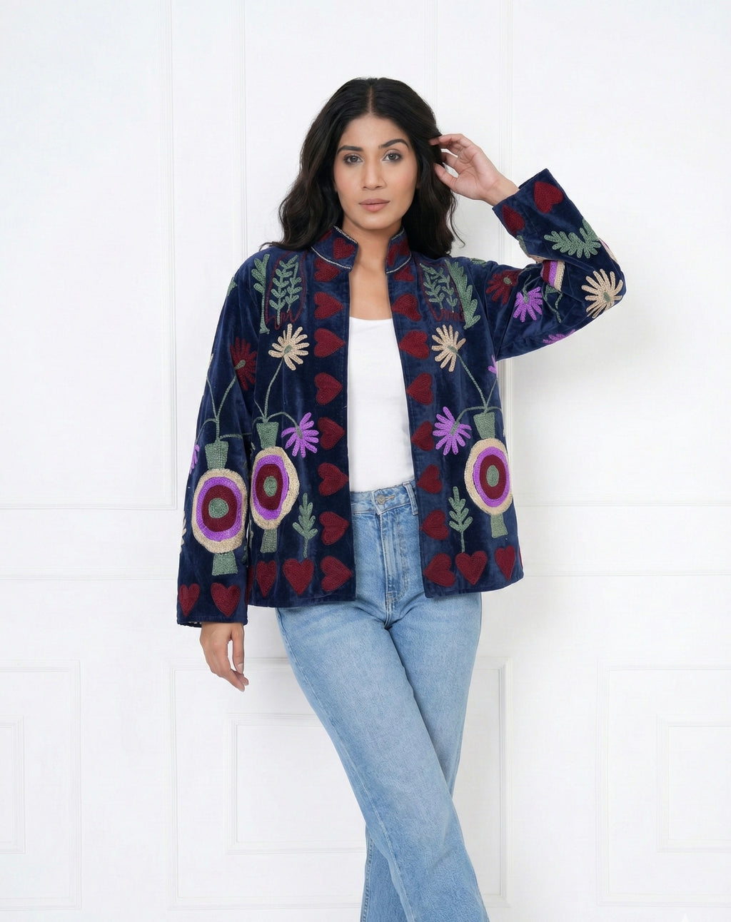Suzani Embroidered Velvet Jacket With Heart and floral motifs