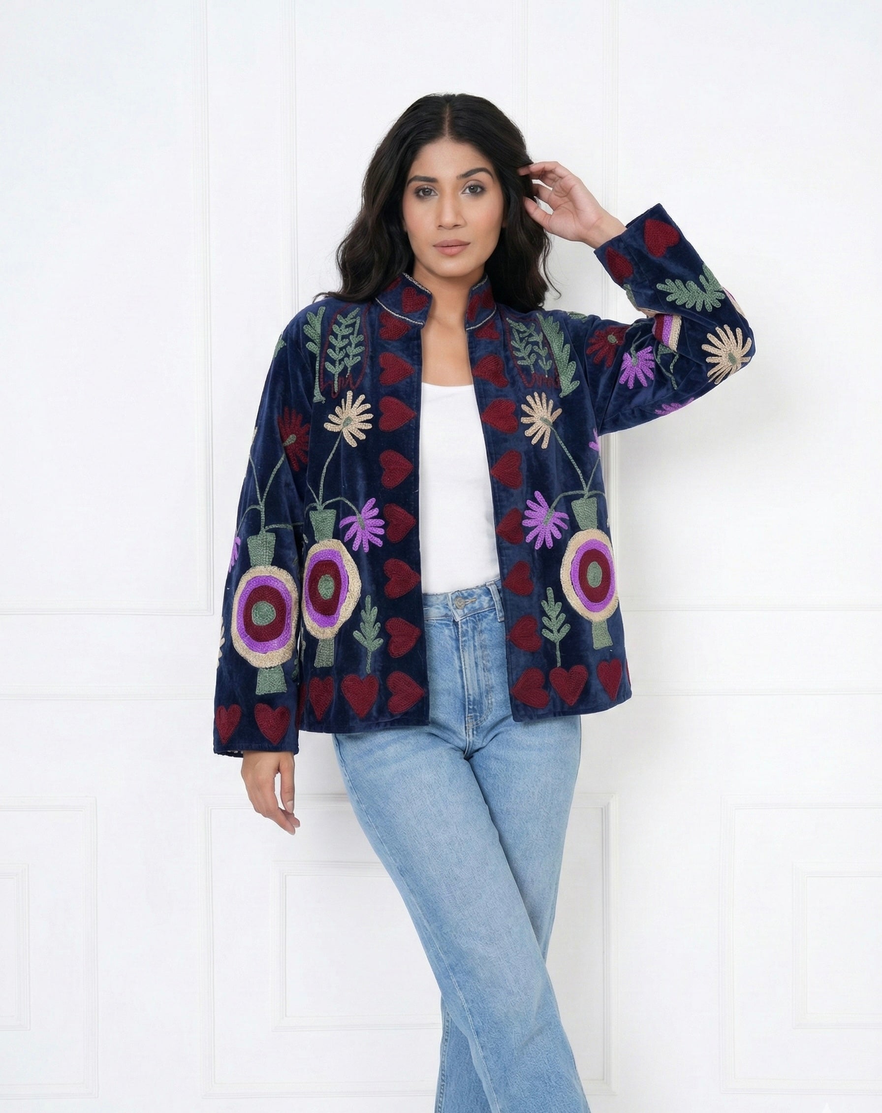 Suzani Embroidered Velvet Jacket With Heart and floral motifs