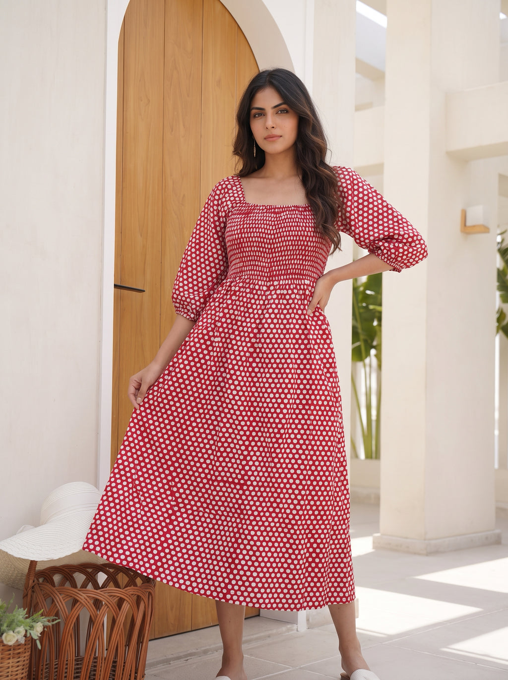Crimson Polka Smocked Midi Dress