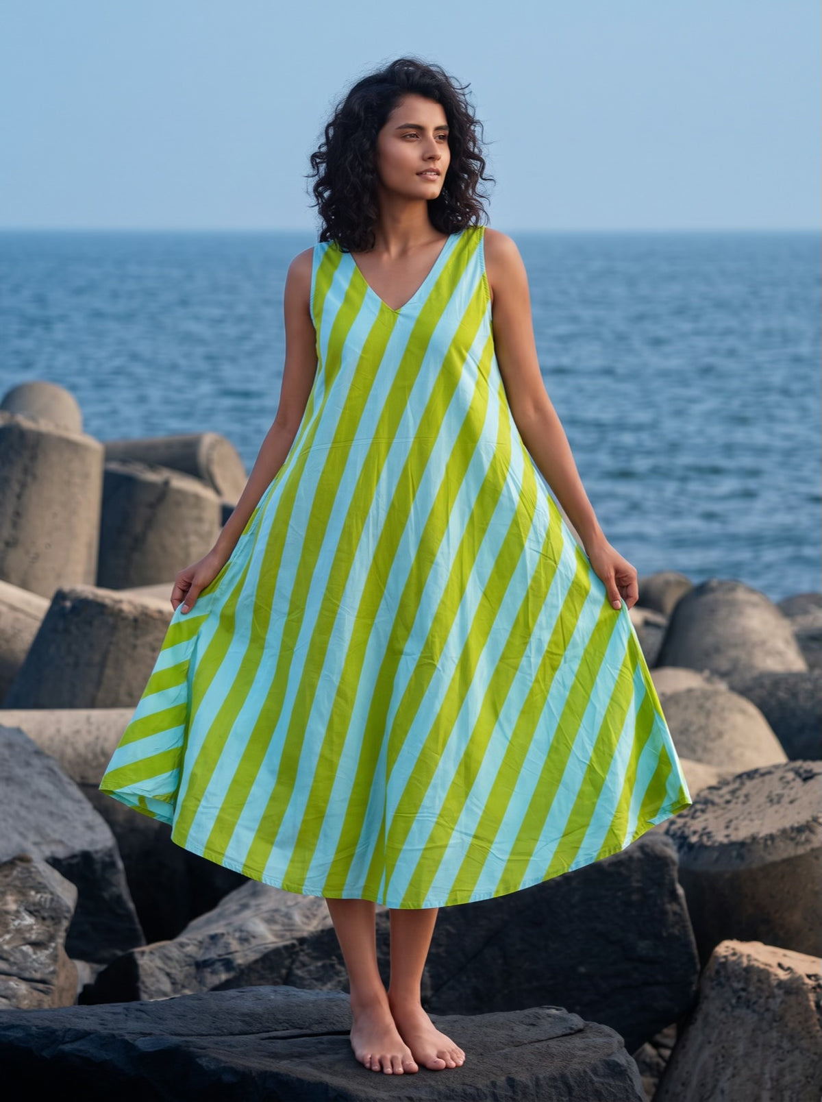 Lime Summer Stripe Midi Dress