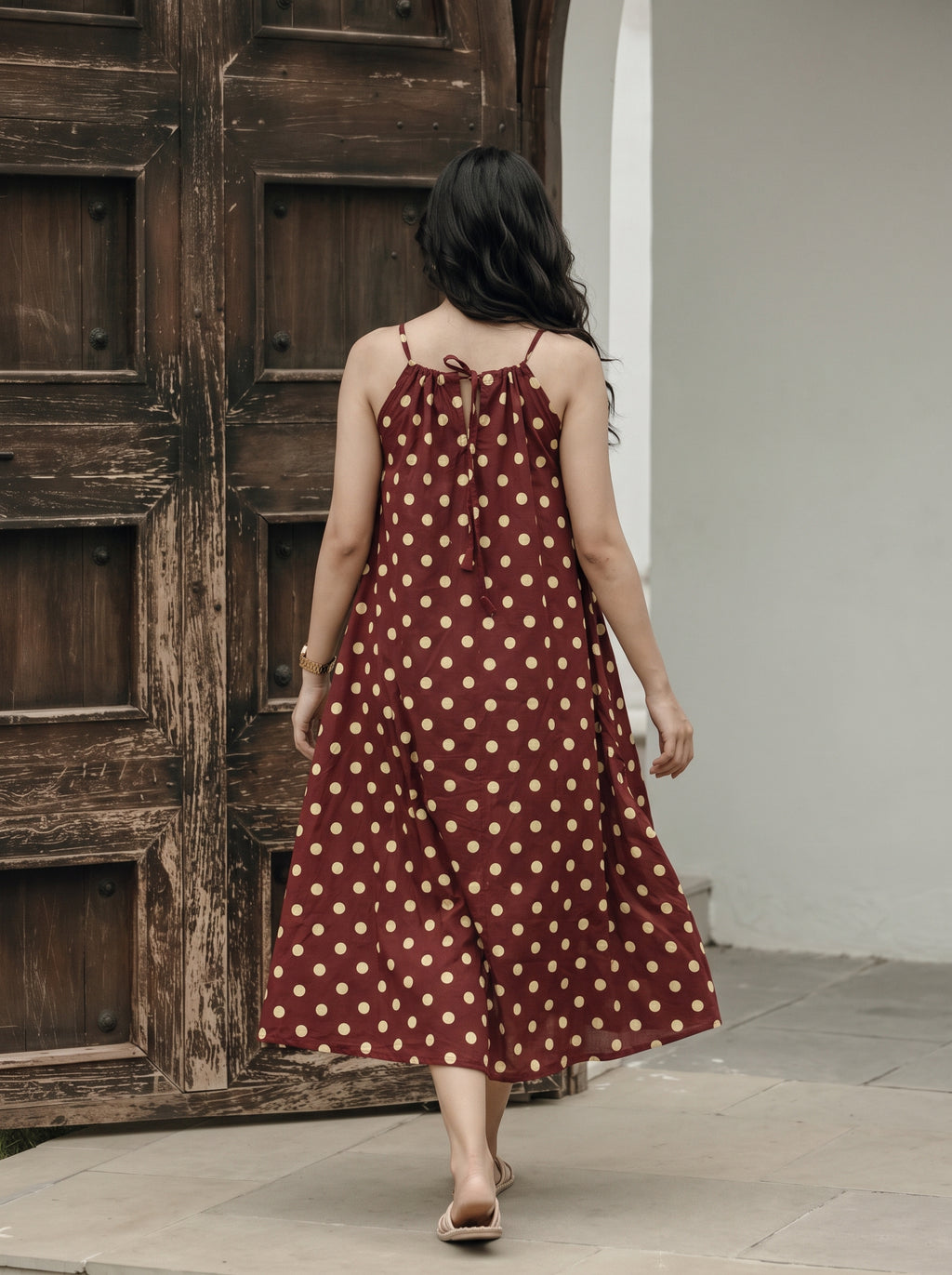 Maroon Polka Dot Cotton Midi Dress