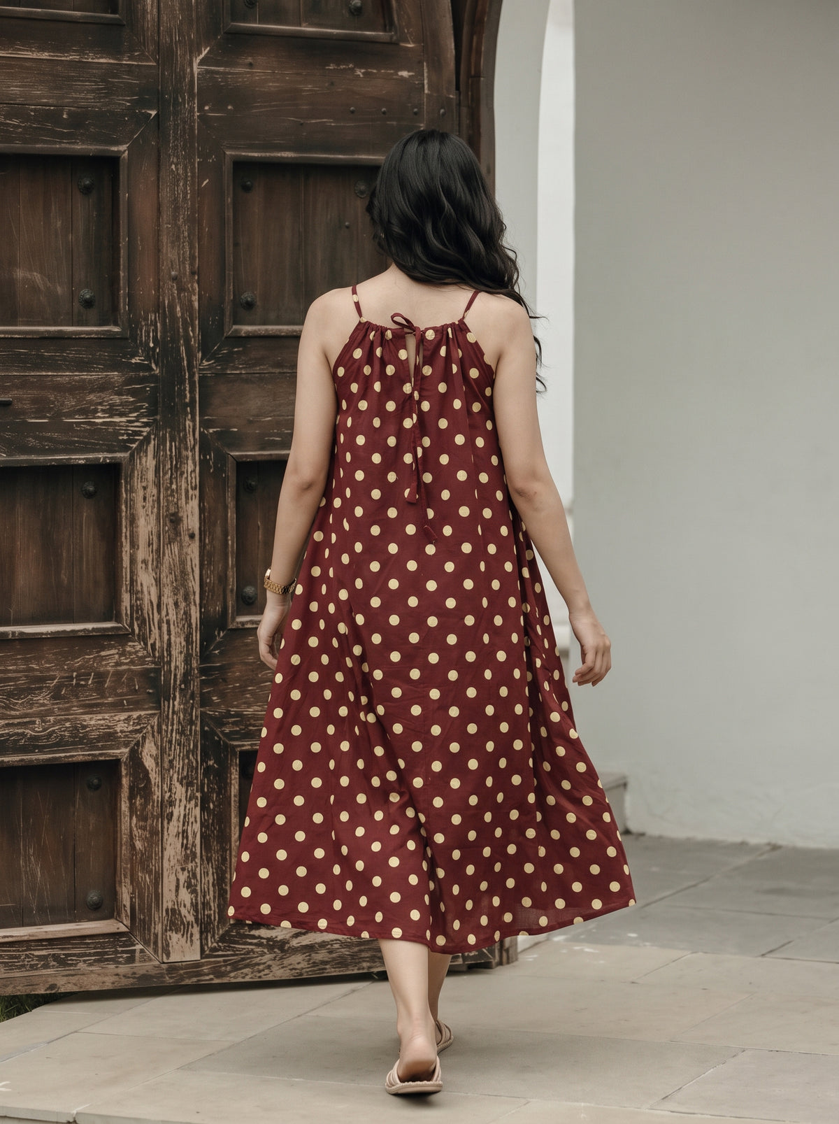 Maroon Polka Dot Cotton Midi Dress