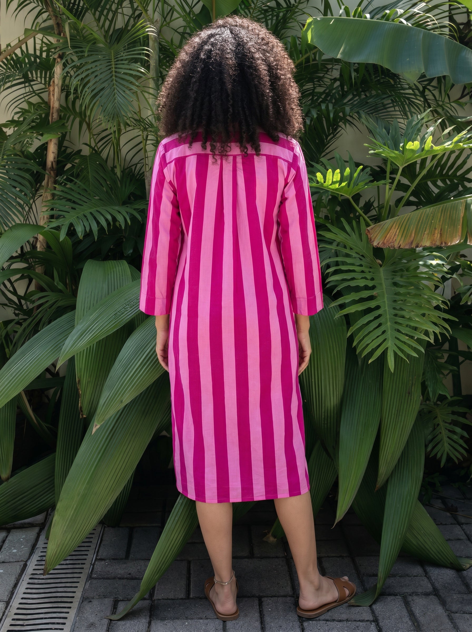 Candy Pink Striped Cotton Shirt Dress