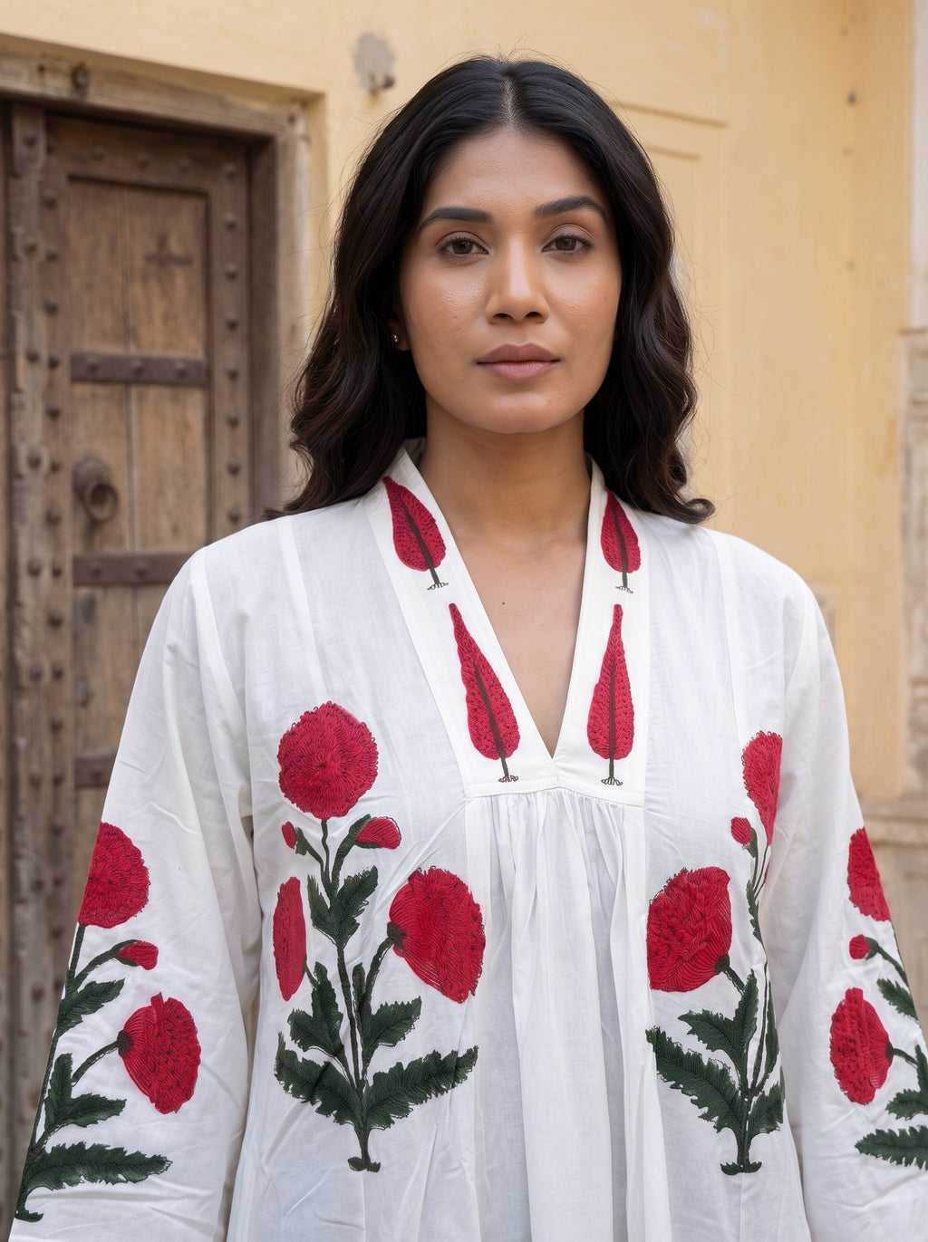 Red Poppy Hand Block Print Cotton Dress