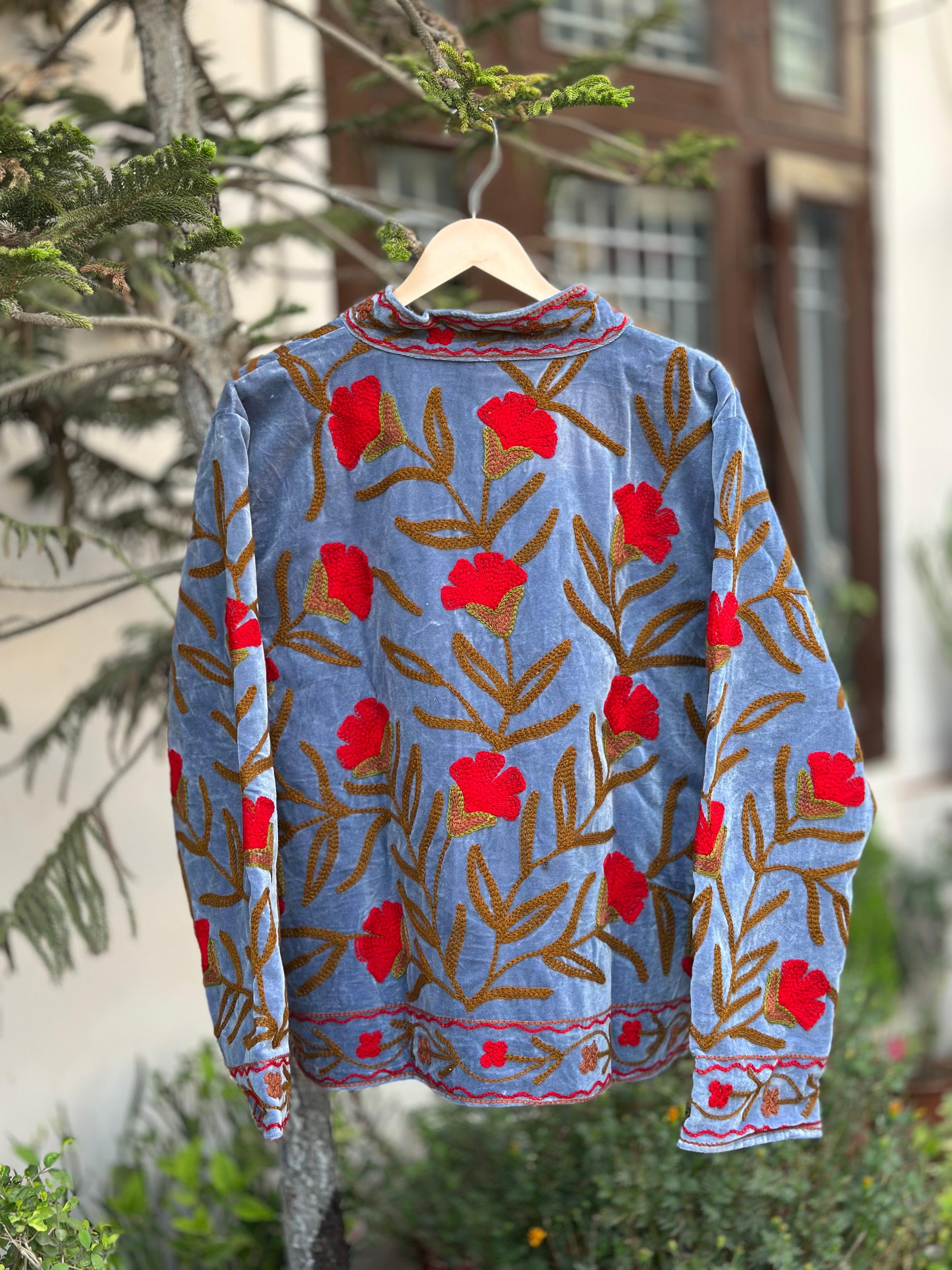 The Azure Bloom Velvet Embroidered Jacket