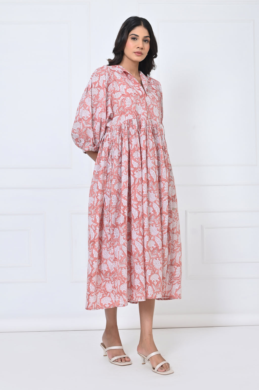 White Floral Print Cotton Maxi Doi Dress
