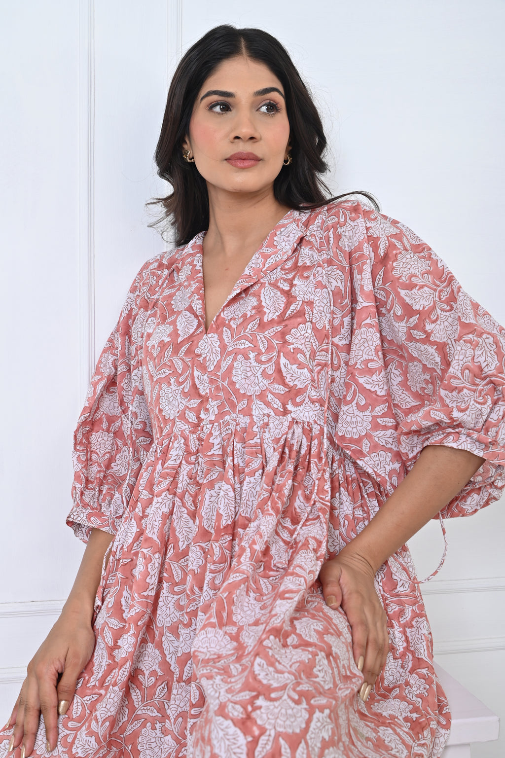 White Floral Print Cotton Maxi Doi Dress