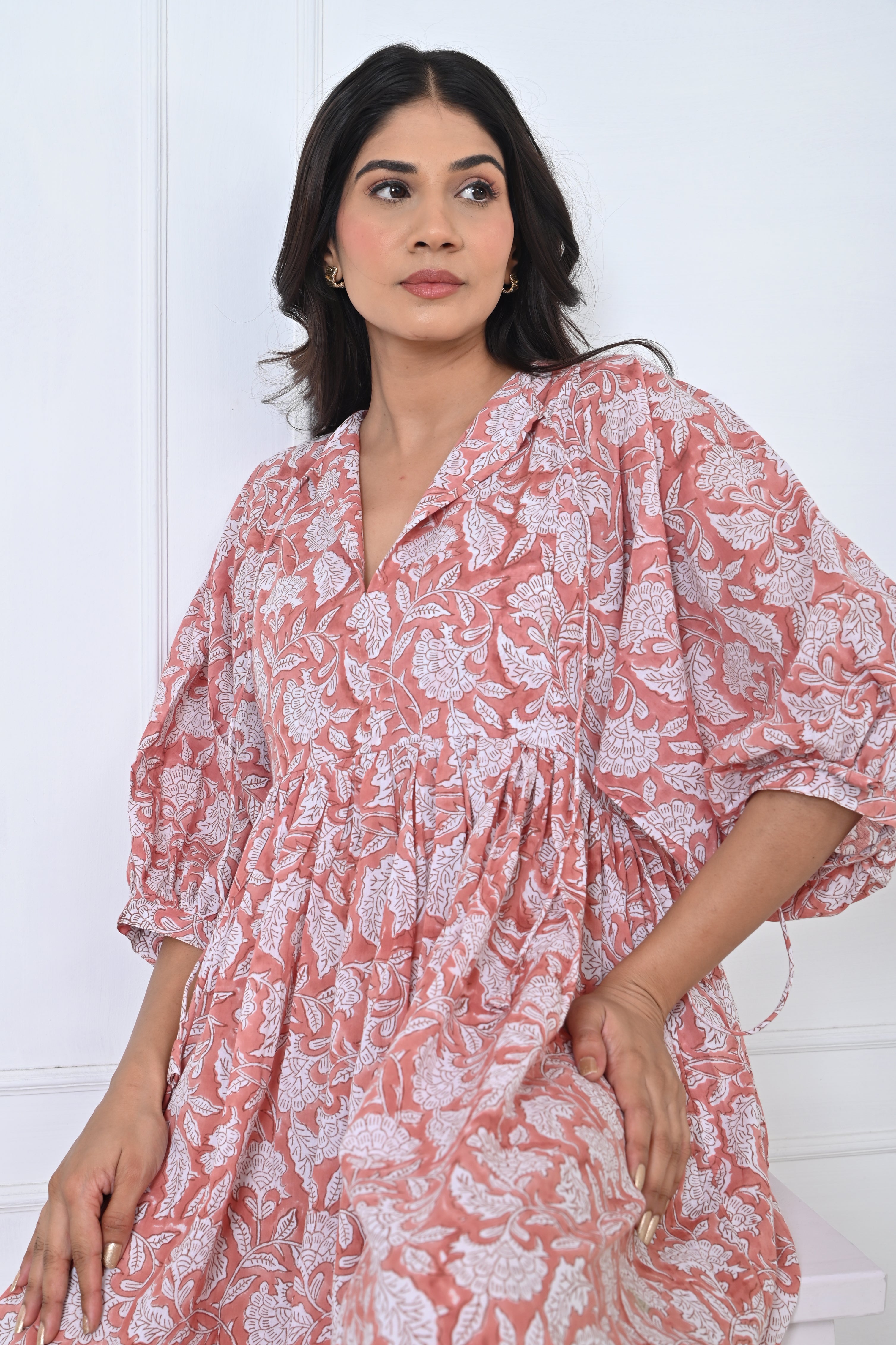 White Floral Print Cotton Maxi Doi Dress