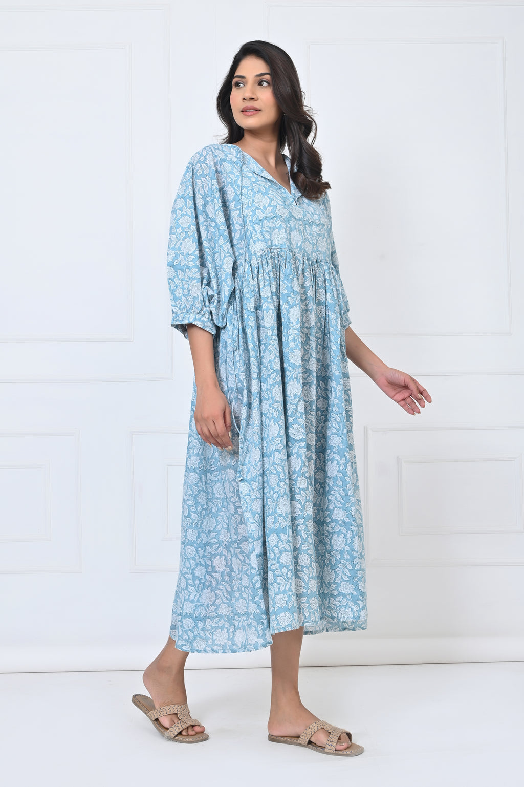 Blue Floral Print Cotton Maxi Doi Dress