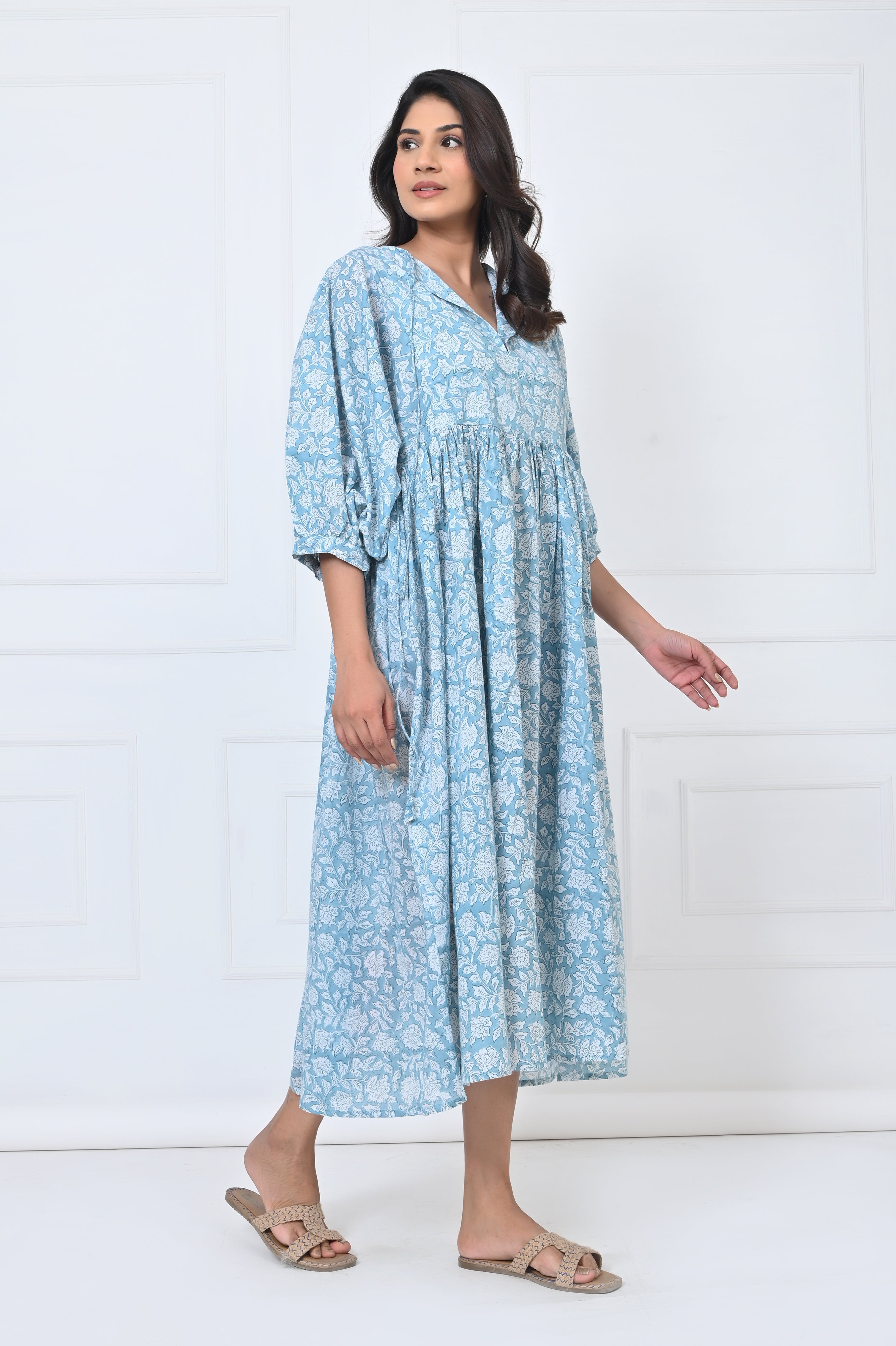 Blue Floral Print Cotton Maxi Doi Dress