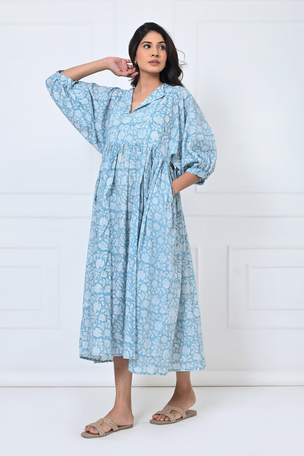 Blue Floral Print Cotton Maxi Doi Dress