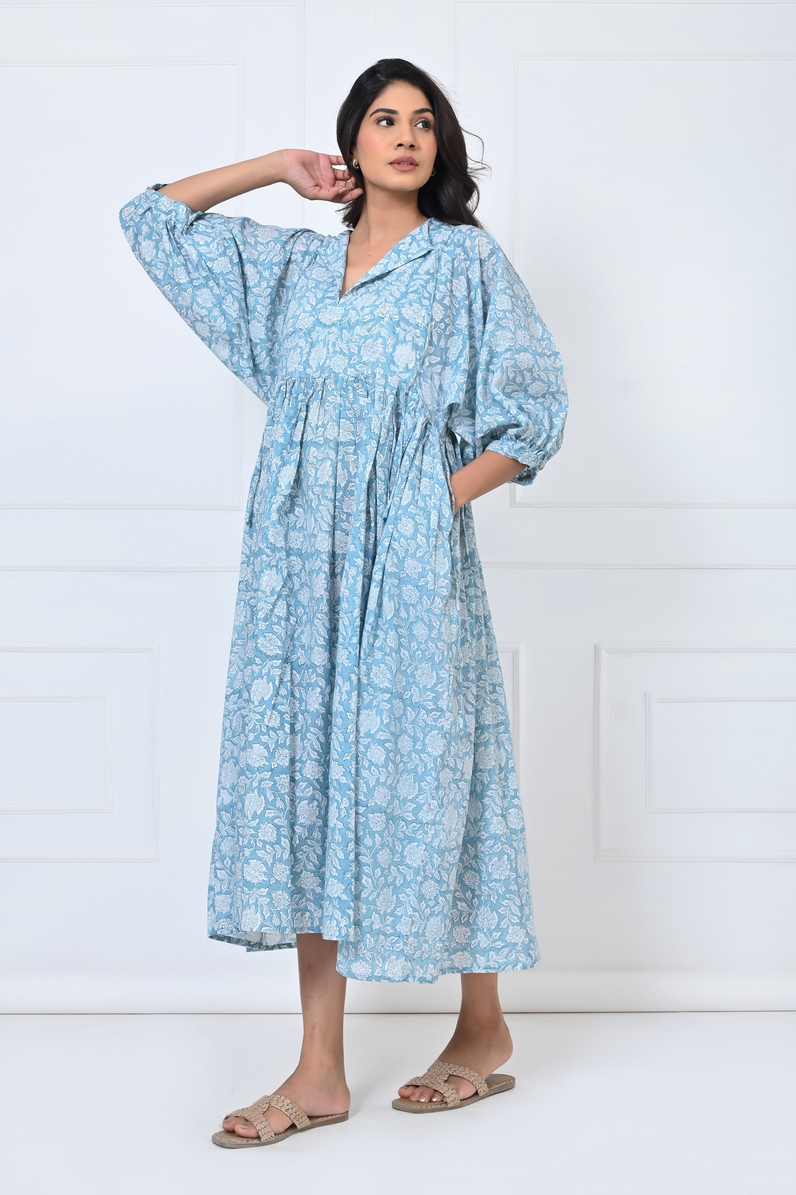 Blue Floral Print Cotton Maxi Doi Dress