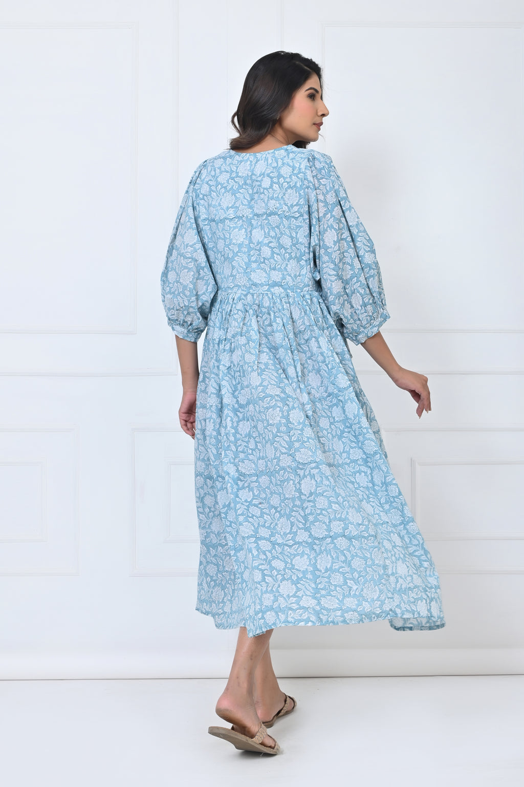 Blue Floral Print Cotton Maxi Doi Dress