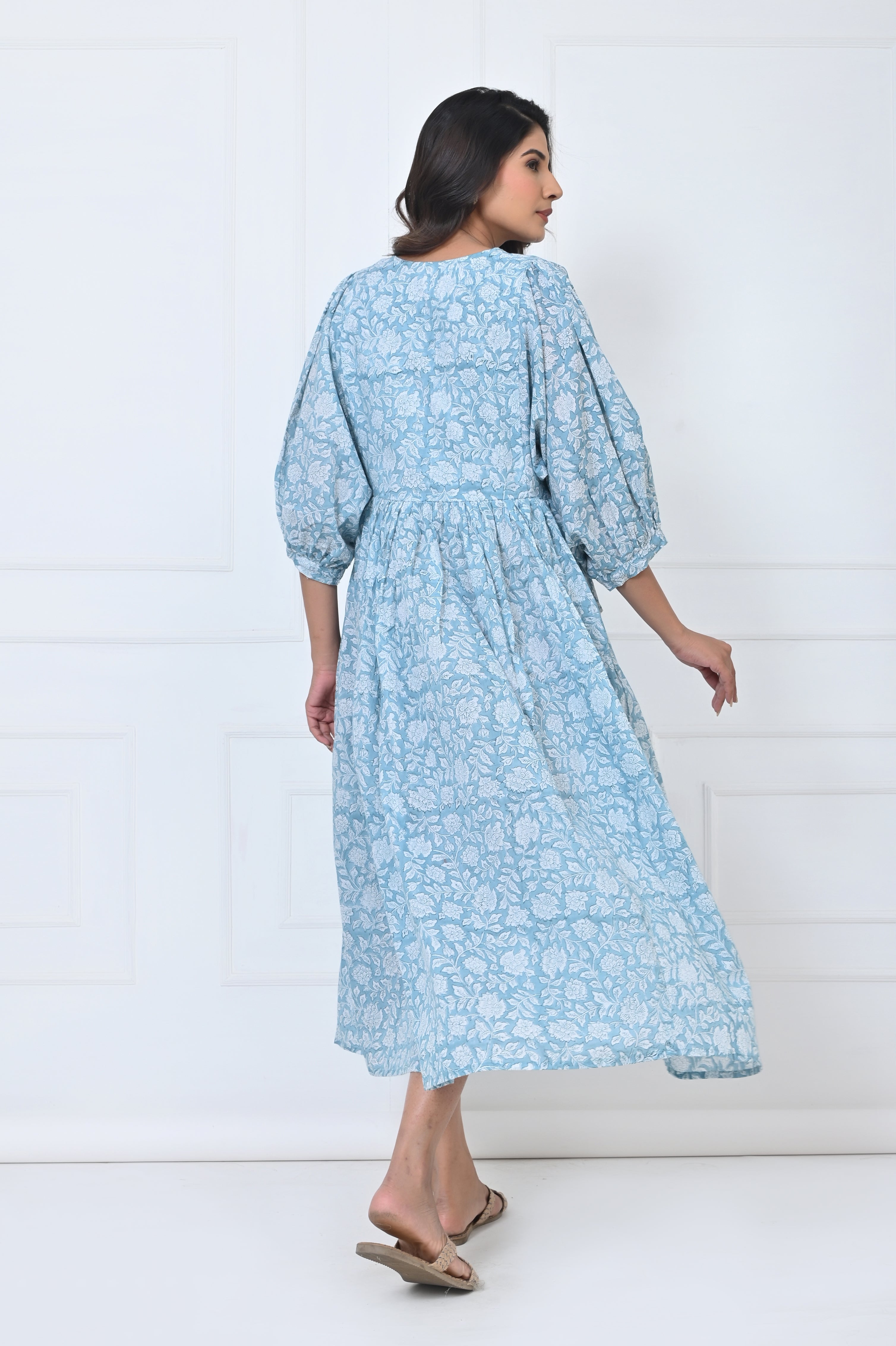 Blue Floral Print Cotton Maxi Doi Dress
