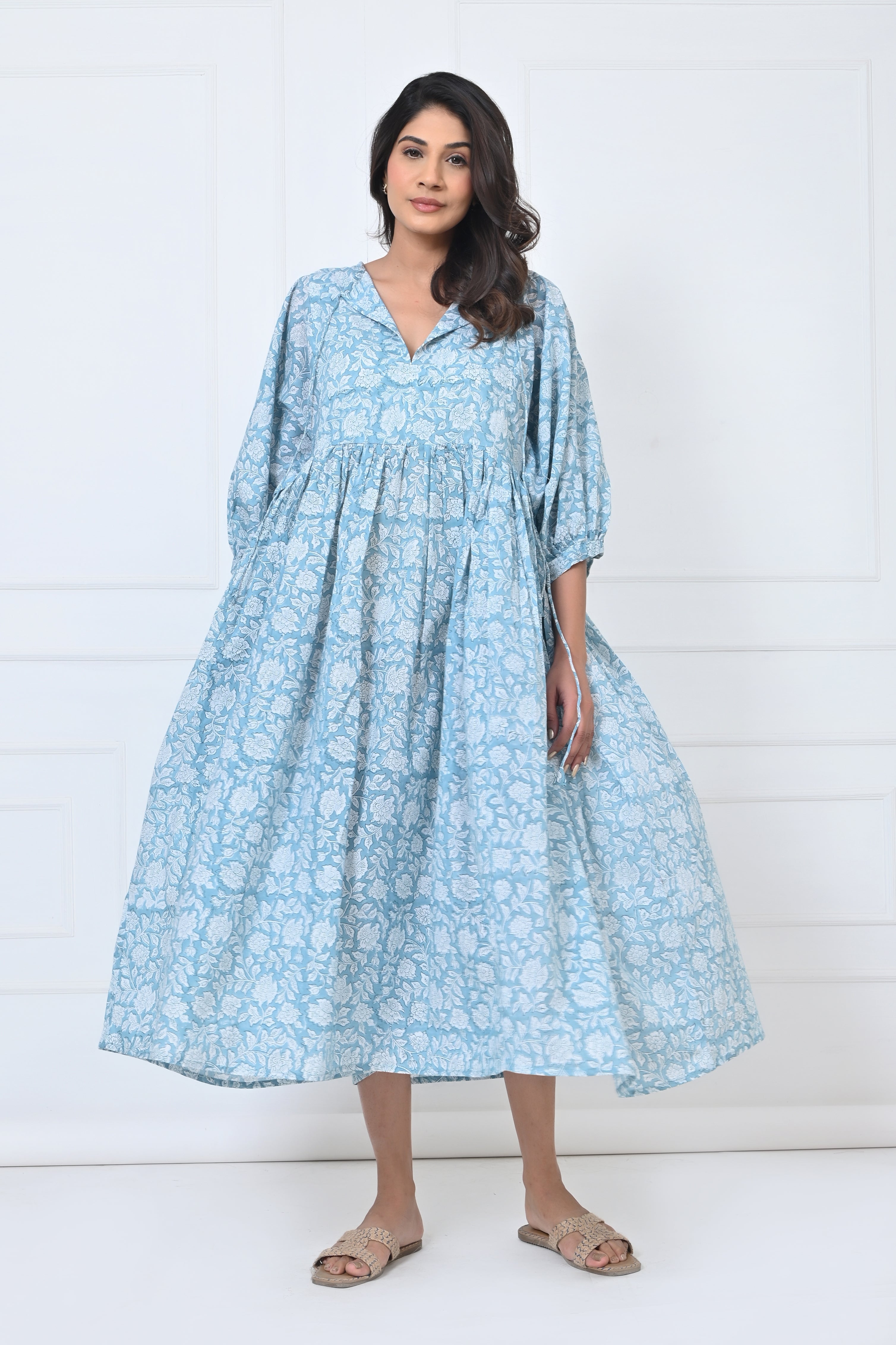 Blue Floral Print Cotton Maxi Doi Dress
