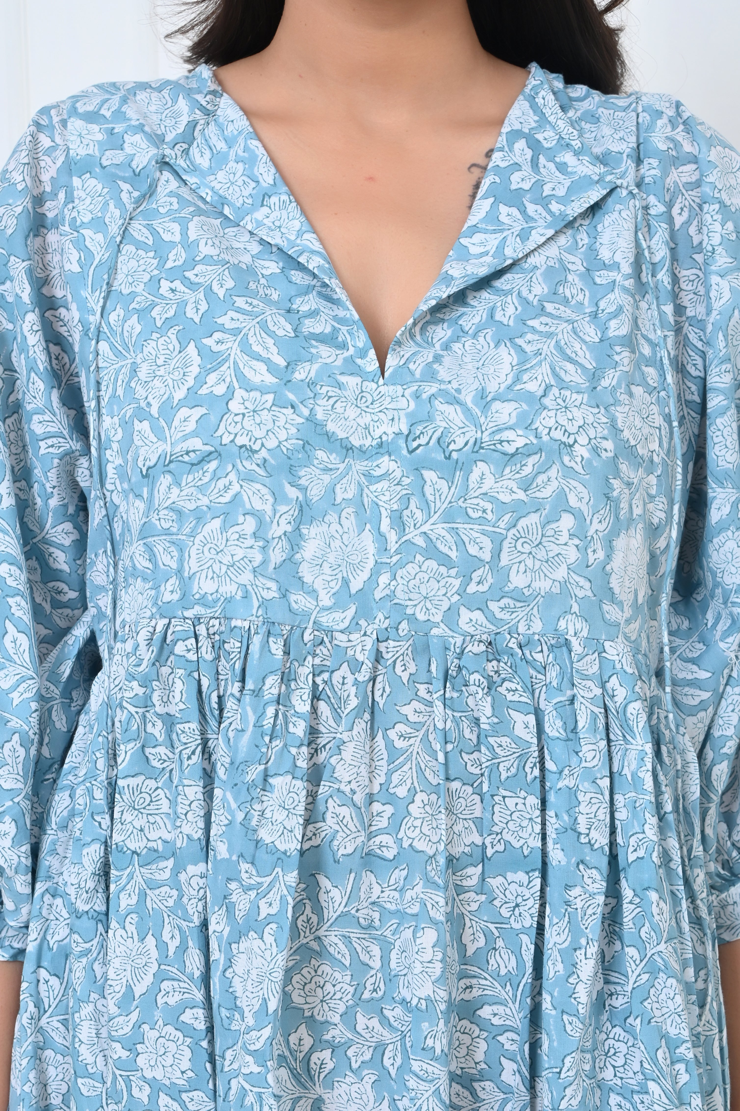 Blue Floral Print Cotton Maxi Doi Dress