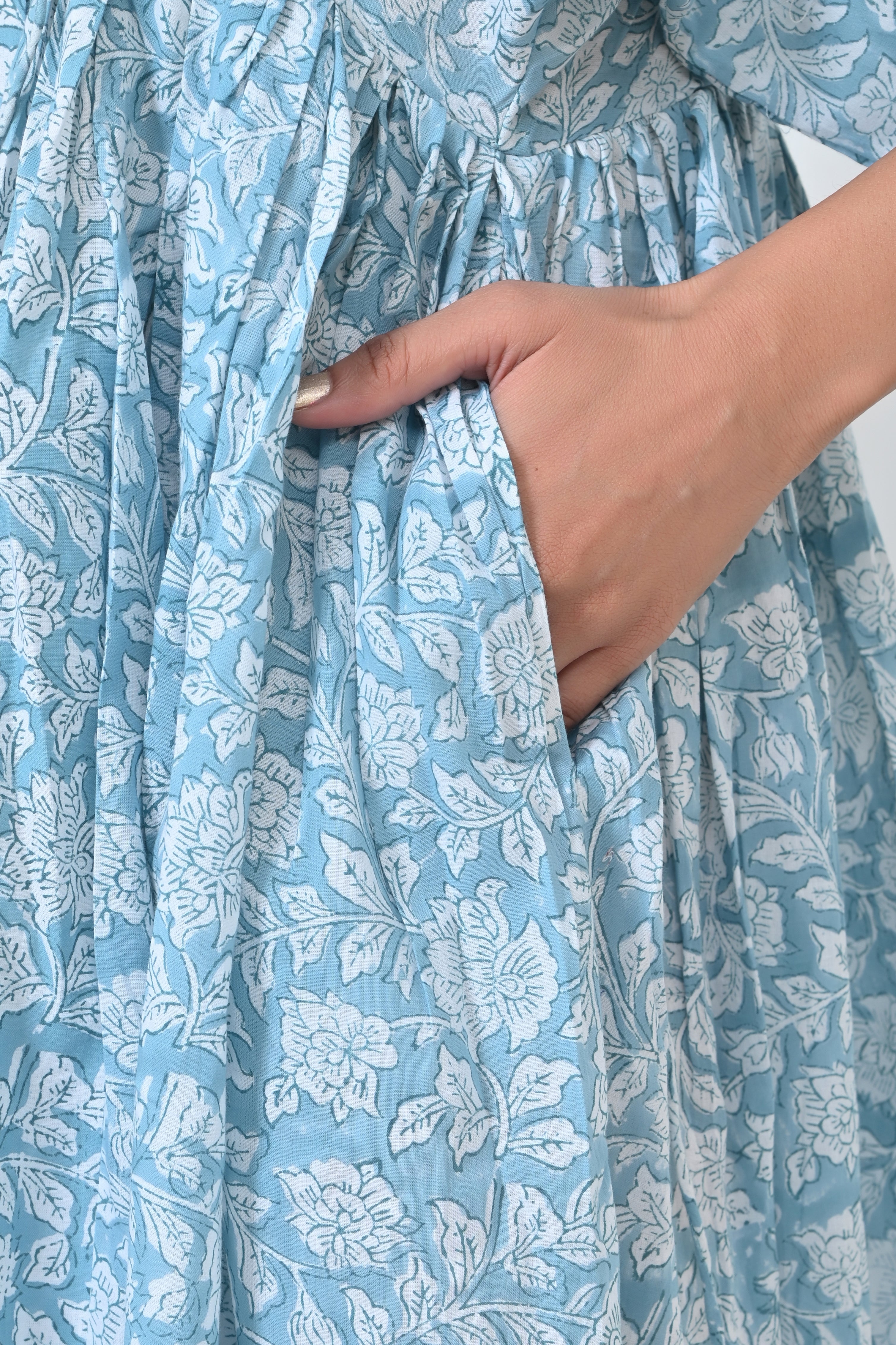 Blue Floral Print Cotton Maxi Doi Dress