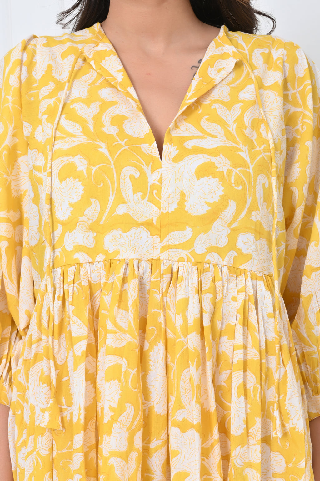 Yellow Floral Print Cotton Maxi Doi Dress