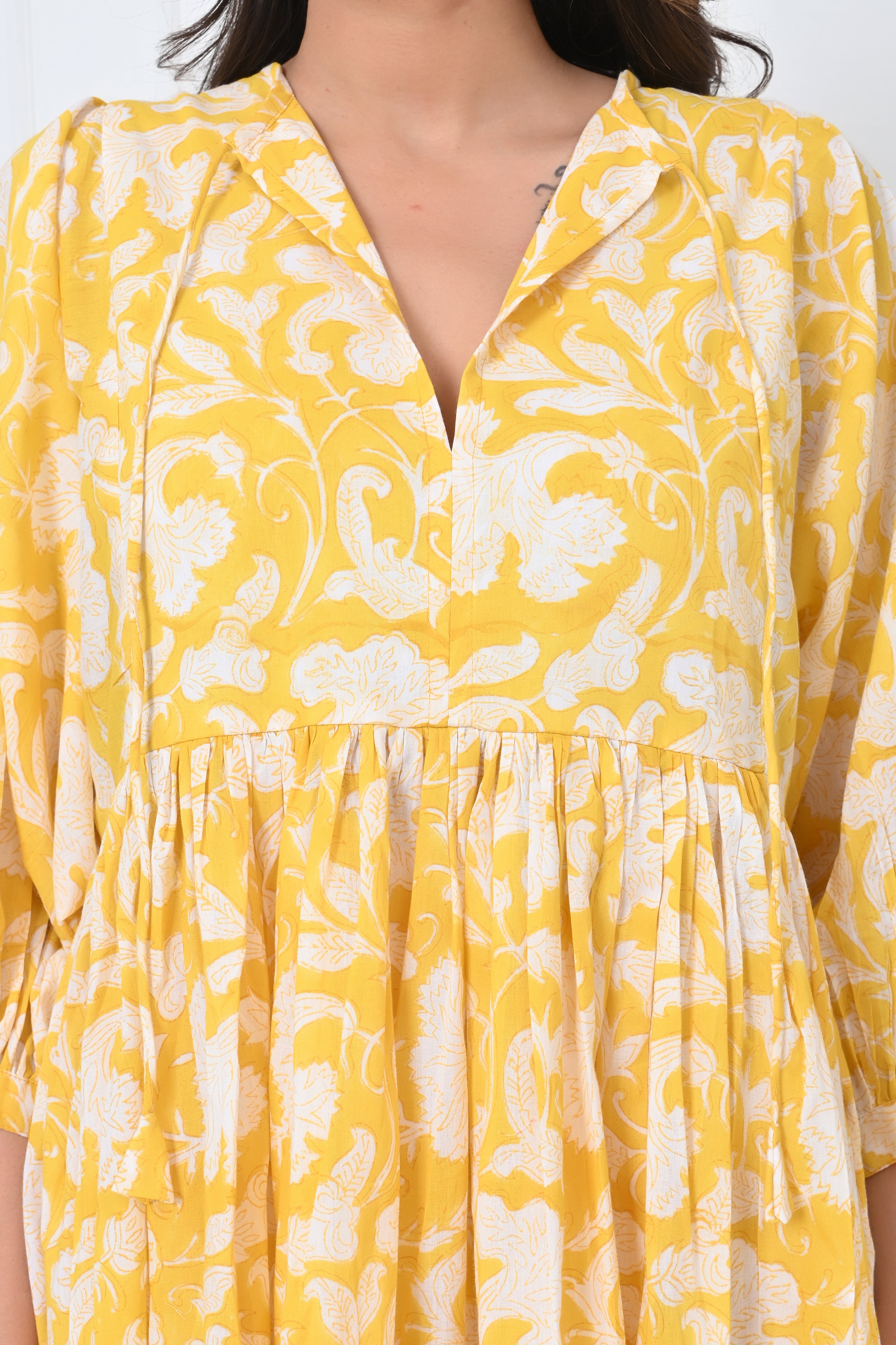 Yellow Floral Print Cotton Maxi Doi Dress