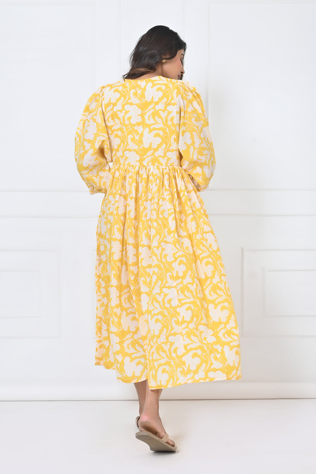 Yellow Floral Print Cotton Maxi Doi Dress