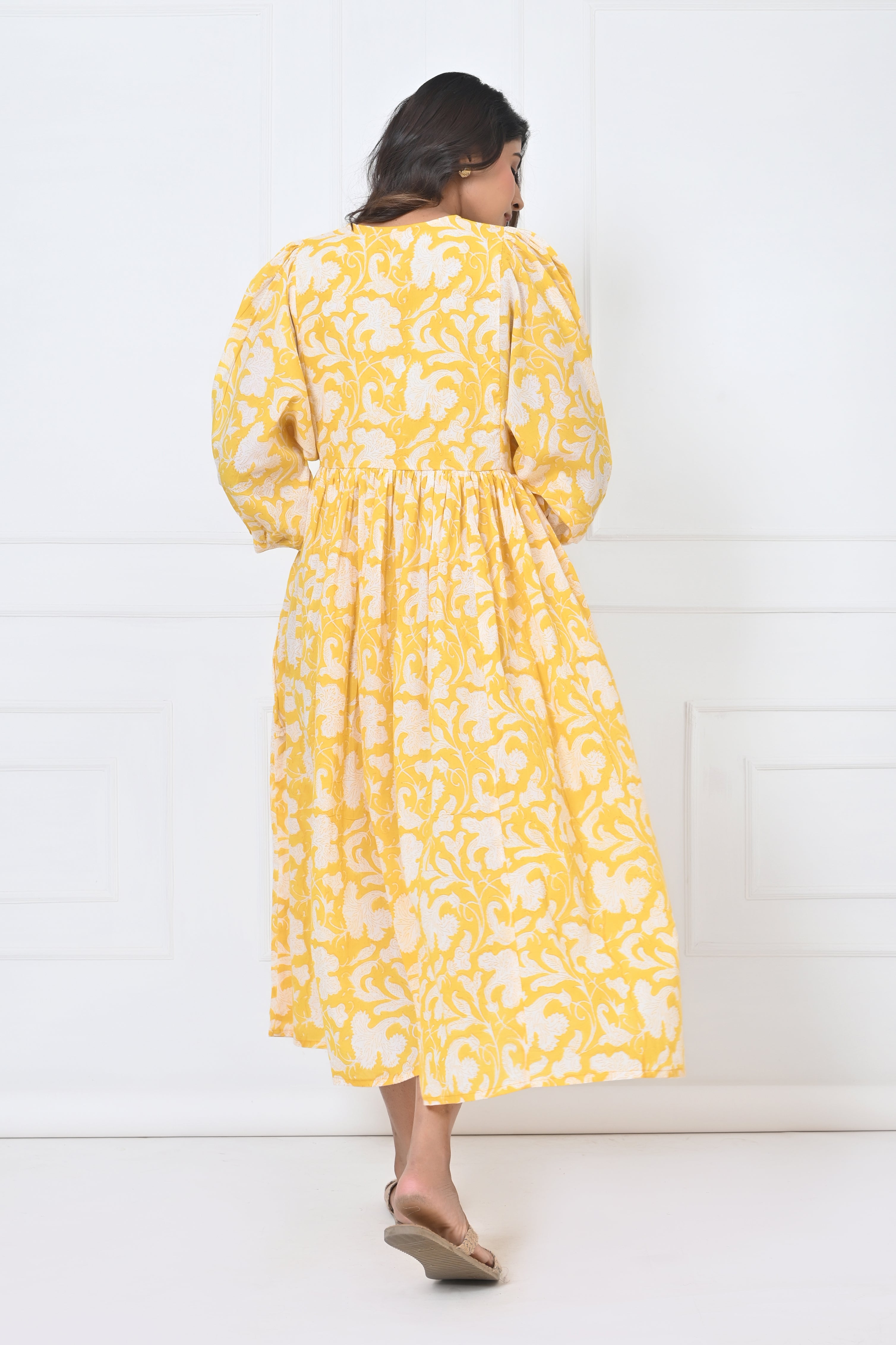 Yellow Floral Print Cotton Maxi Doi Dress