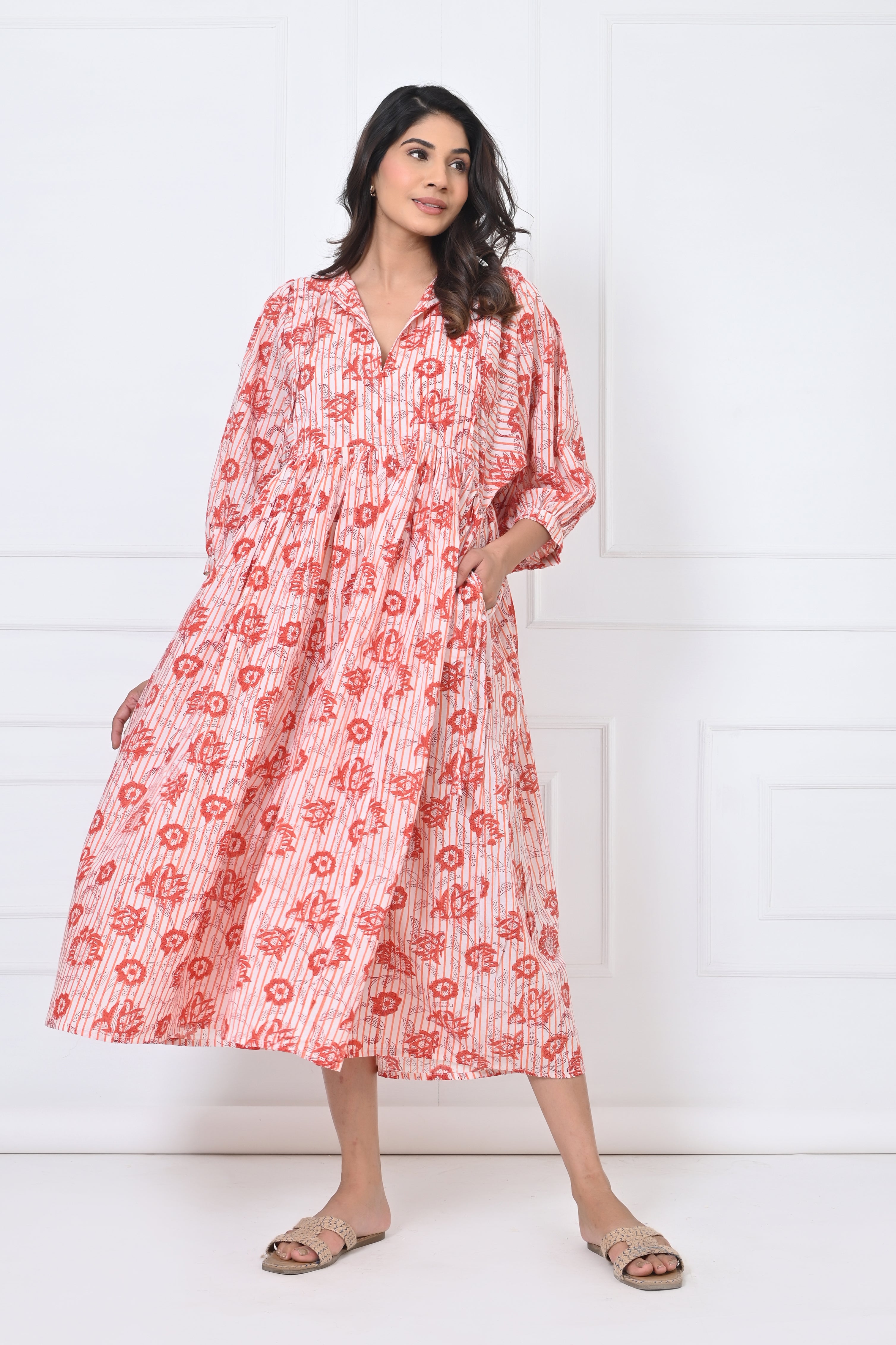 White Red Floral Print Cotton Maxi Doi Dress