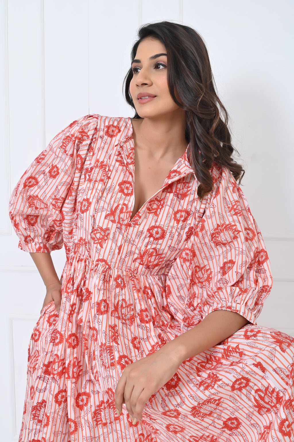 White Red Floral Print Cotton Maxi Doi Dress