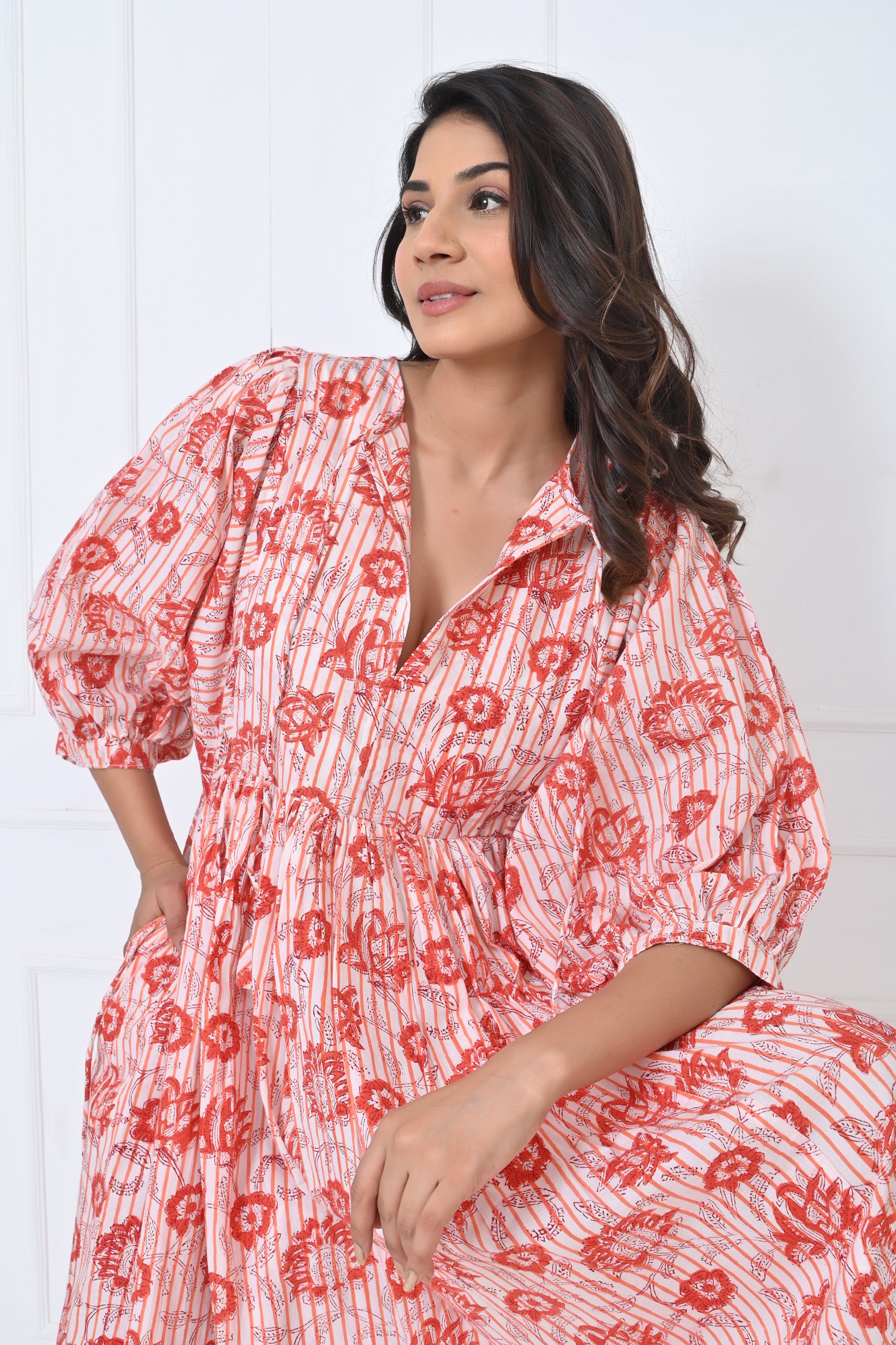 White Red Floral Print Cotton Maxi Doi Dress