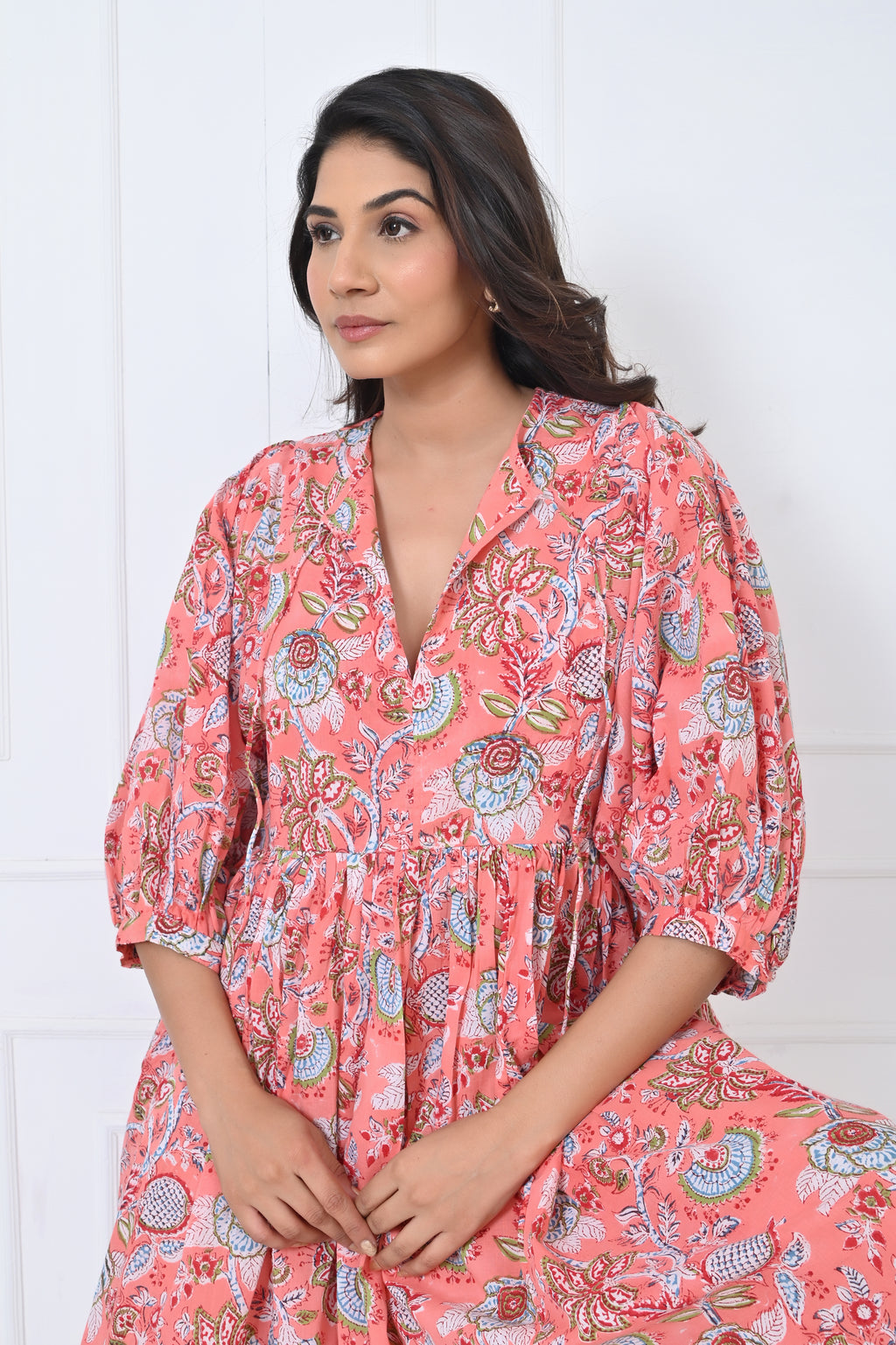 Peach Floral Print Cotton Maxi Doi Dress