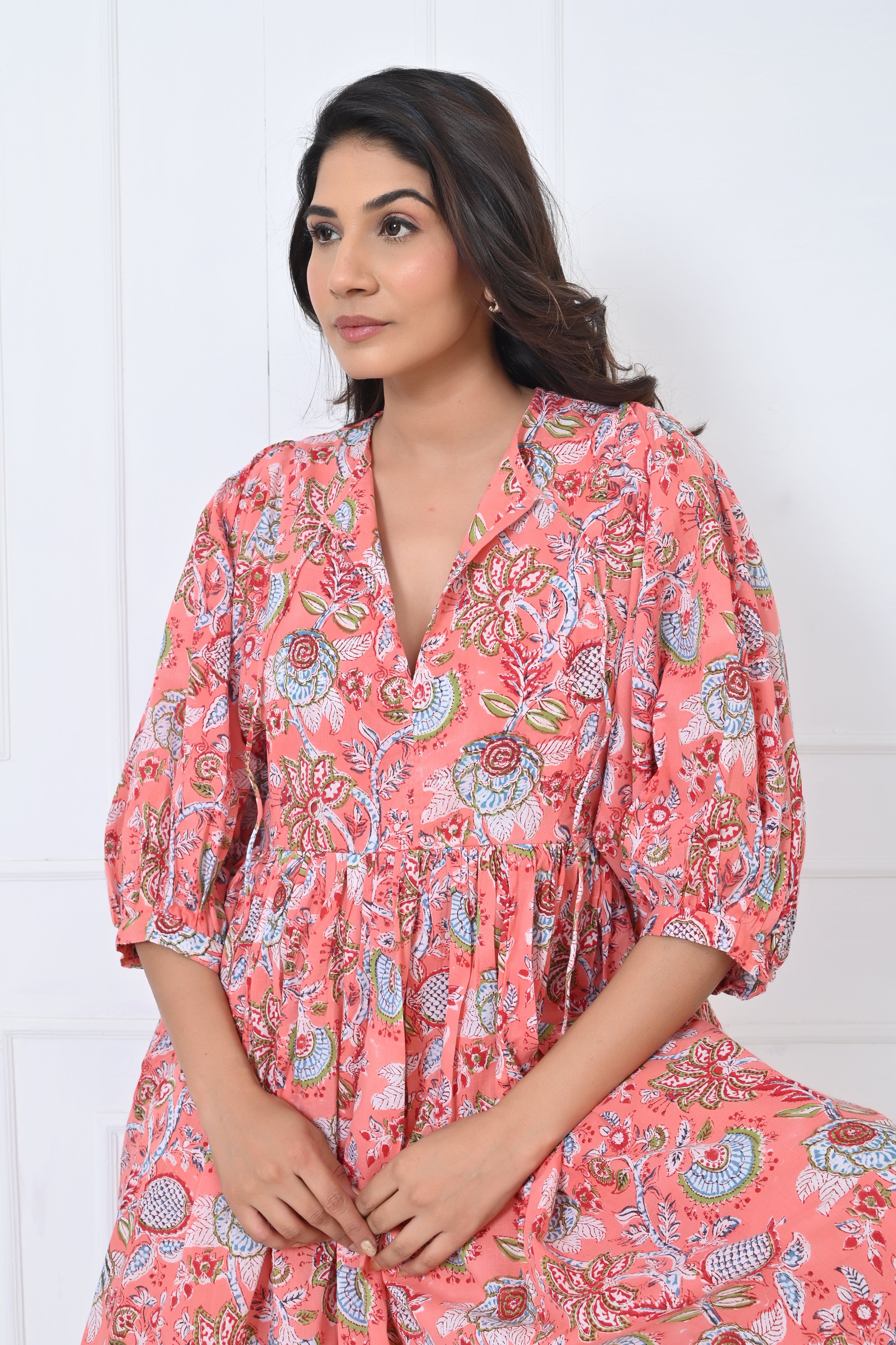 Peach Floral Print Cotton Maxi Doi Dress