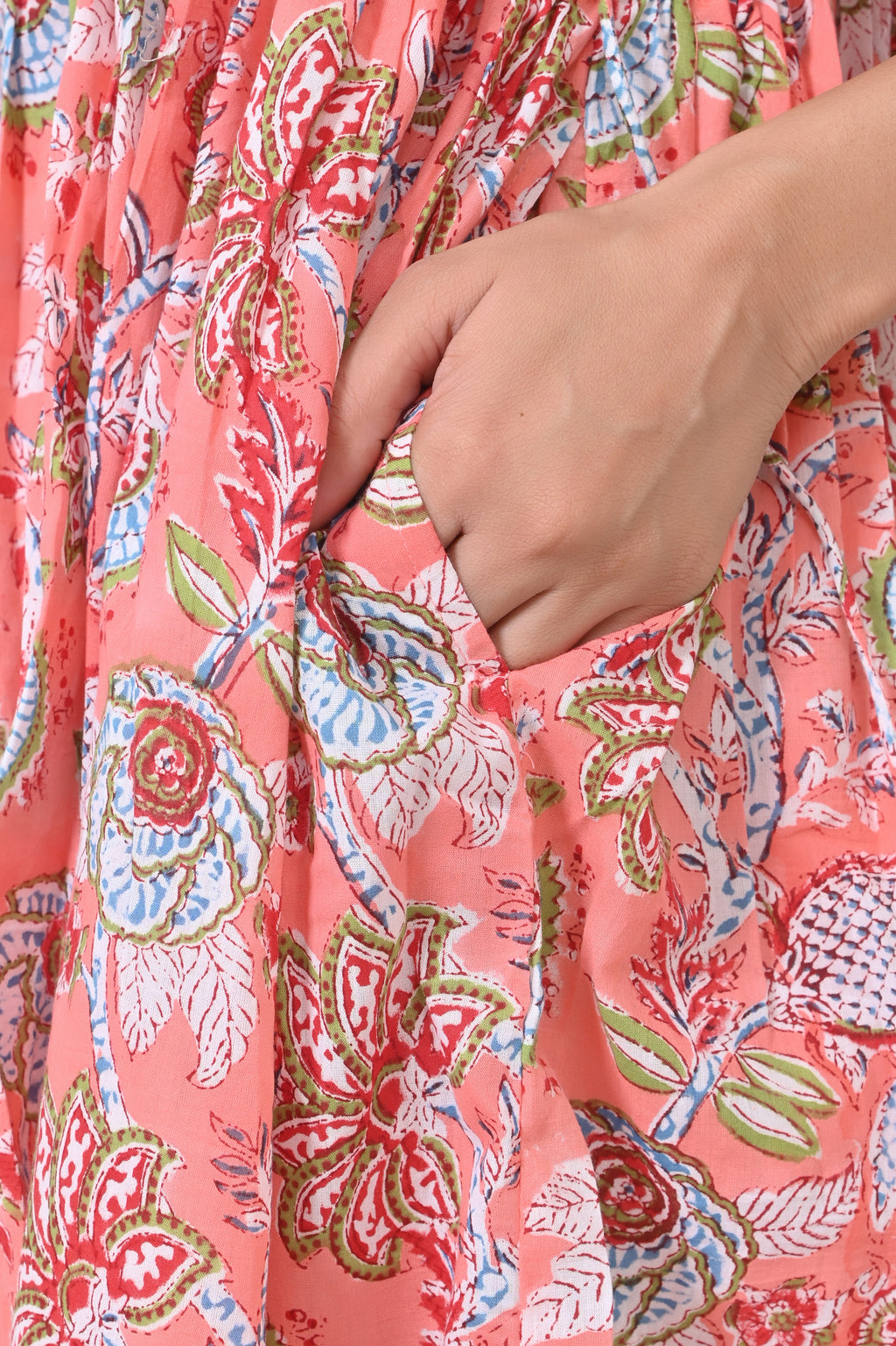 Peach Floral Print Cotton Maxi Doi Dress
