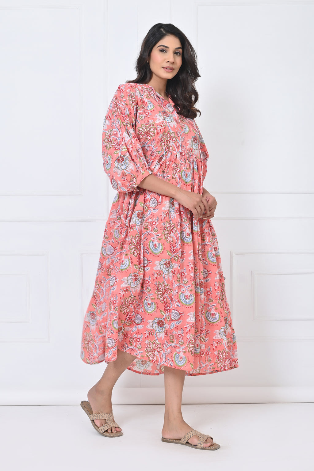 Peach Floral Print Cotton Maxi Doi Dress